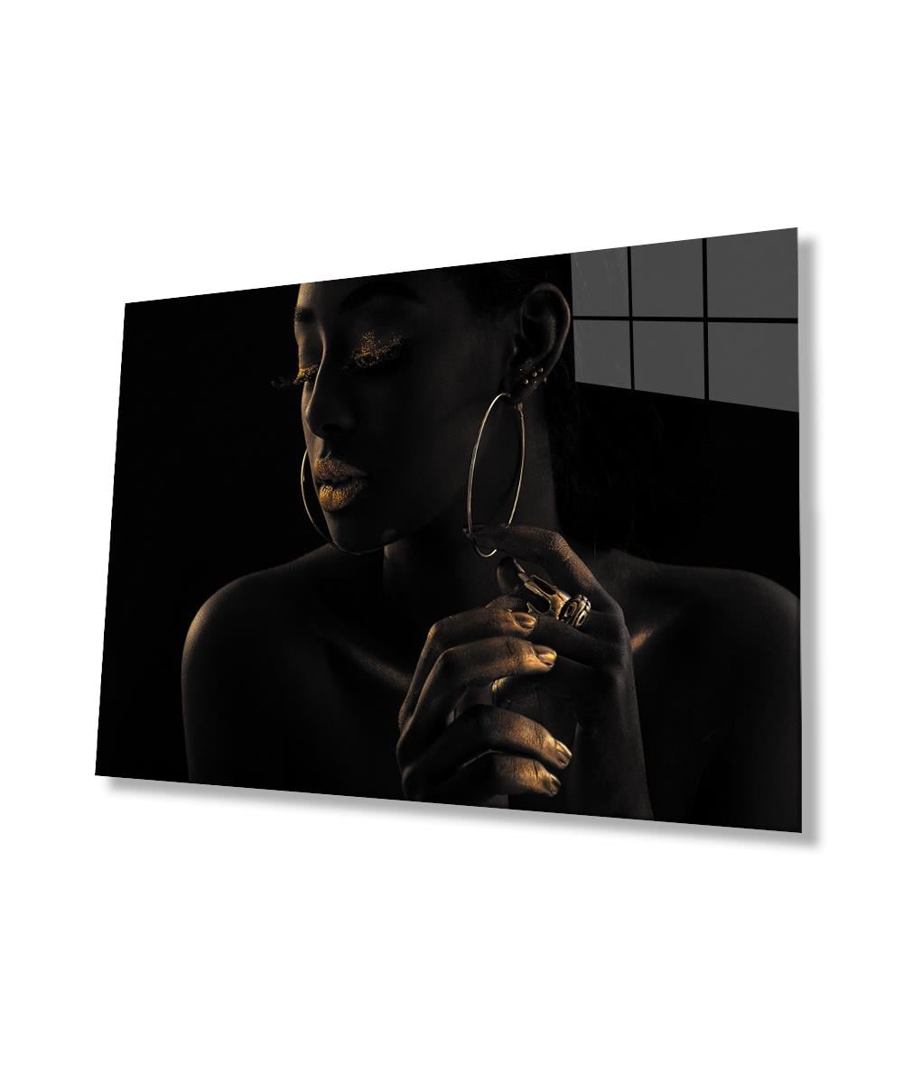 Afrikalı Siyahi Altın Makyajlı Kadın Cam Tablo  4mm Dayanıklı Temperli Cam, African Black Woman with Gold Makeup Glass Wall Art