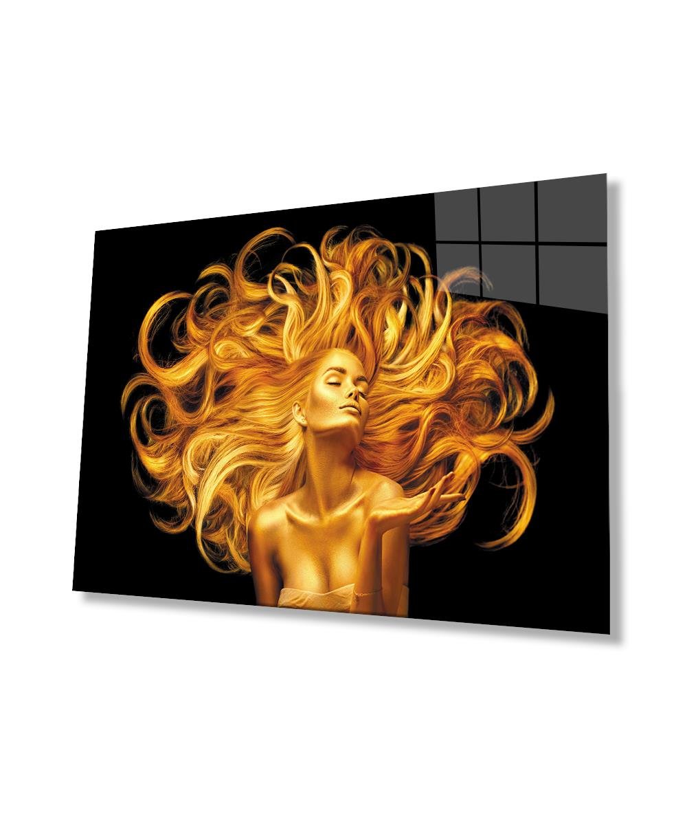 Altın Kadın Cam Tablo  4mm Dayanıklı Temperli Cam, Golden Woman Glass Wall Art