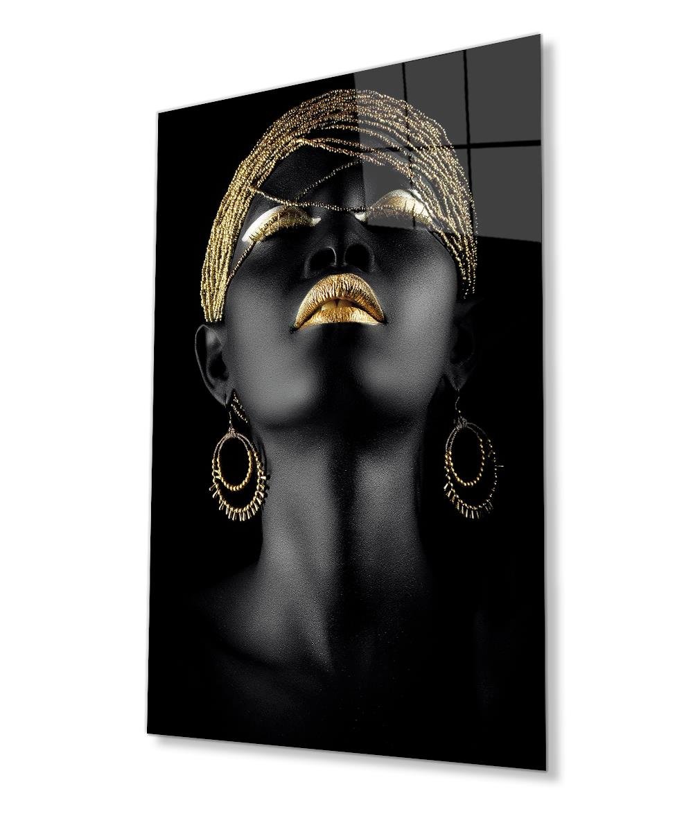 Altın Saç Dudak ve Göz Makyajlı Afrikalı Kadın Cam Tablo  4mm Dayanıklı Temperli Cam,  African Woman with Golden Hair Lips and Eyes Make-up Glass Wall Art