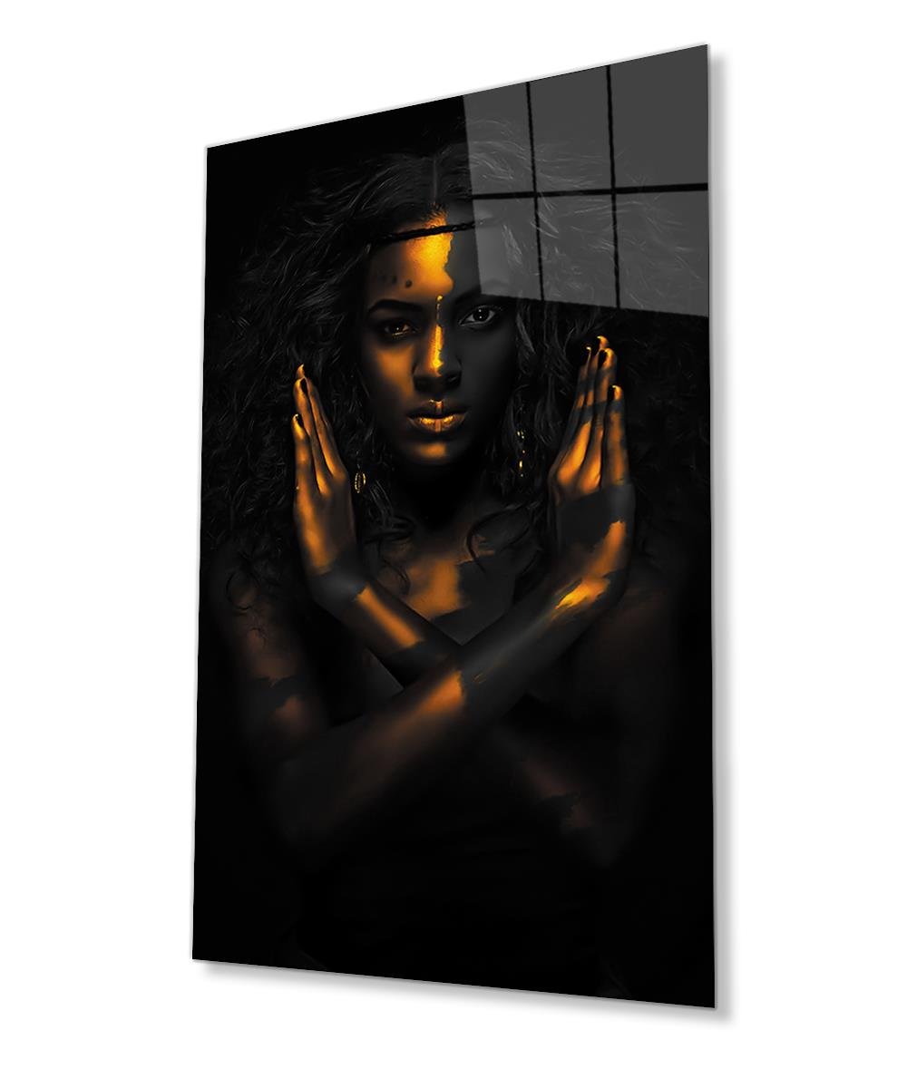Altın ve Siyah Renkte Afrikalı Kadın Cam Tablo  4mm Dayanıklı Temperli Cam, African Woman in Gold and Black Color Glass Wall Art