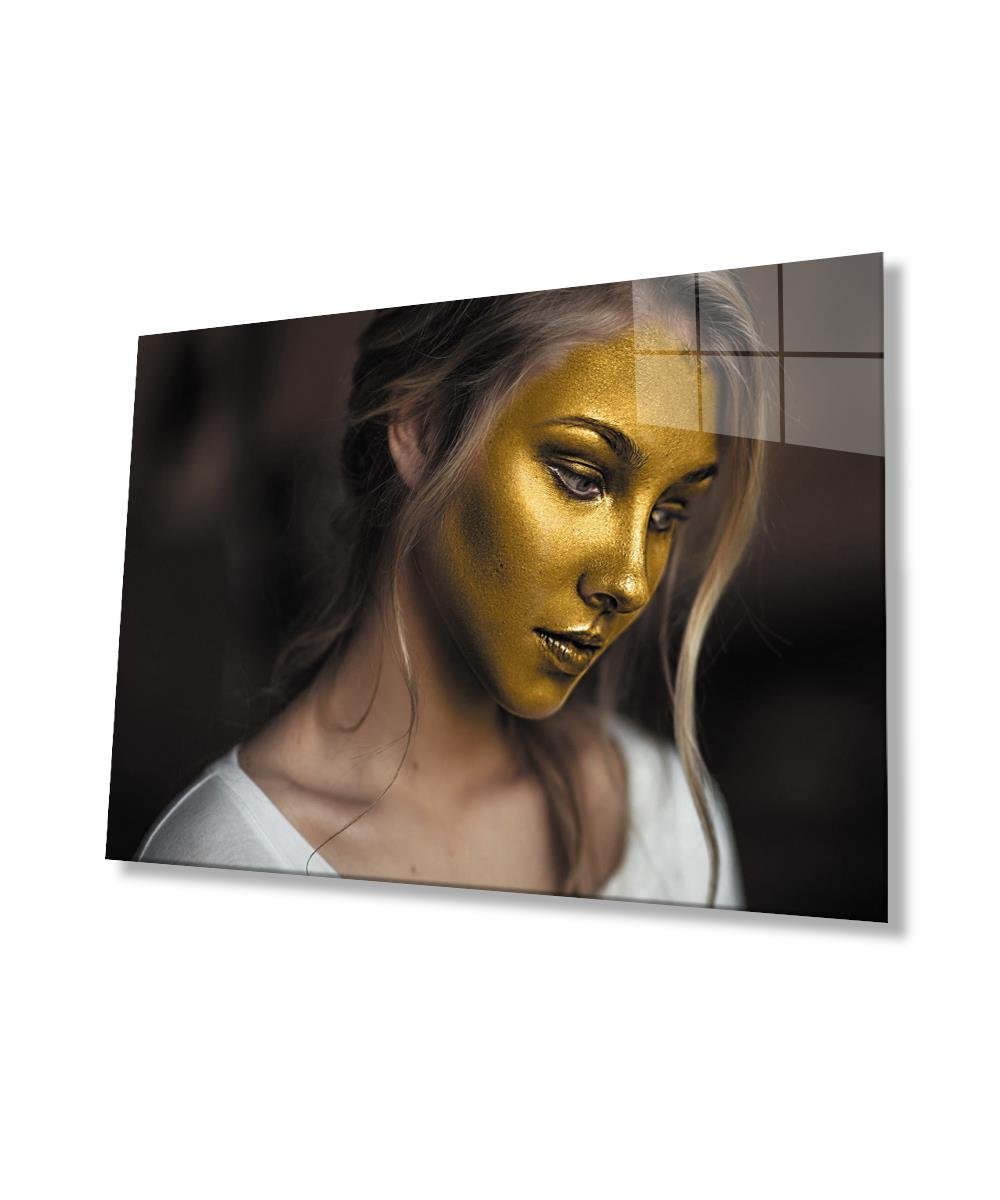 Altın Yüzlü Kadın Cam Tablo  4mm Dayanıklı Temperli Cam, Gold Faced Woman Glass Wall Art