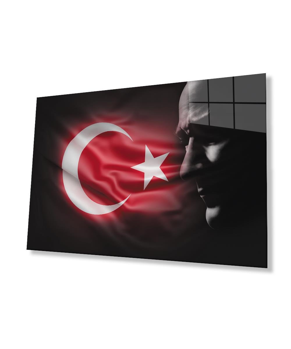 Atatürk Bayrak  Atatürk Silüetli Gölgesiz Siyah Fonlu Cam Tablo  4mm Dayanıklı Temperli Cam Atatürk Flag Atatürk Silhouette Shadowless Black Background Glass Wall Art