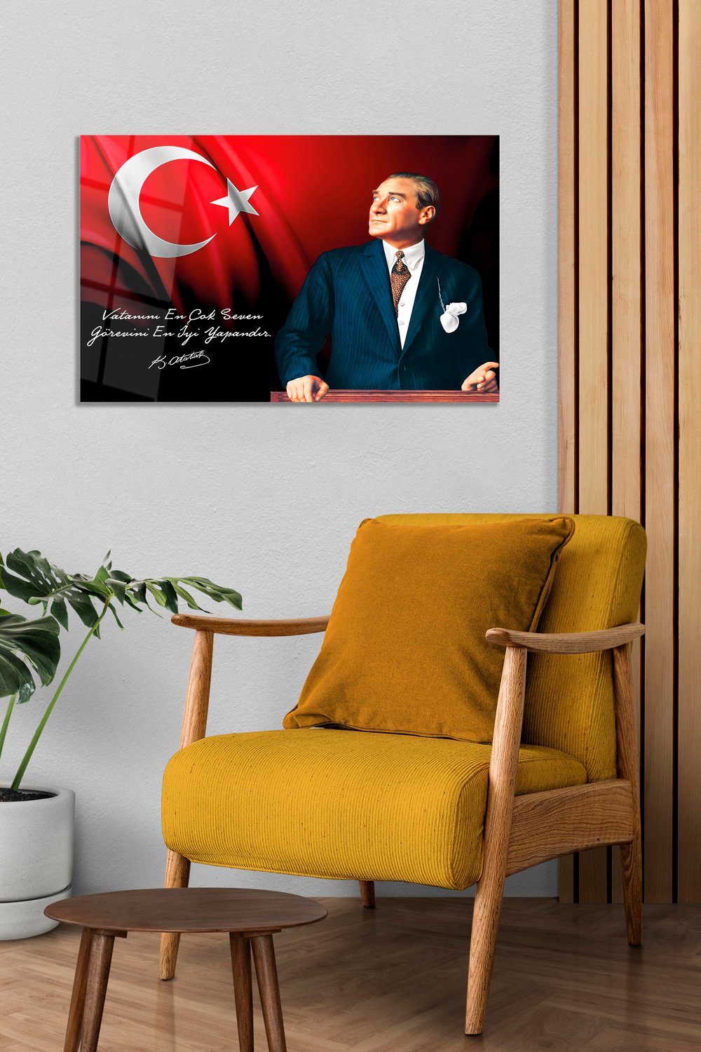 Atatürk Desenli Cam Tablo Modern Ofis Makam Odası Hediyelik Büyük Tablo Duvar Dekoru 