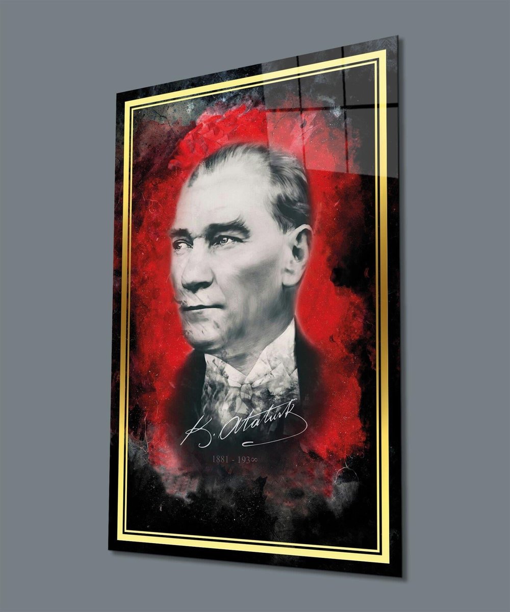 Atatürk Portre Dikey Cam Tablo Hediyelik Büyük Tablo Ev Ofis Dekoru