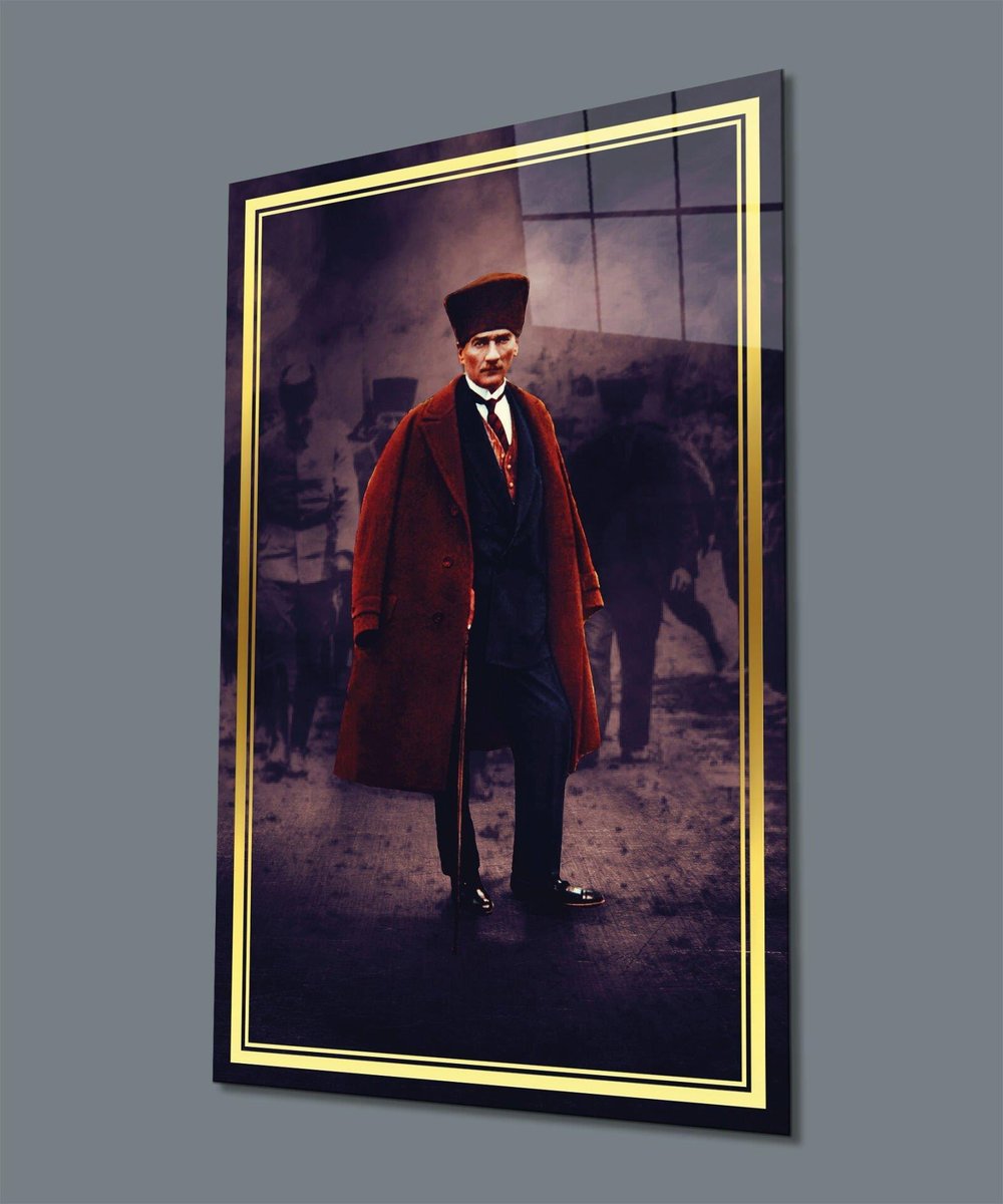 Atatürk Portre Dikey Cam Tablo Hediyelik Büyük Tablo Ev Ofis Dekoru