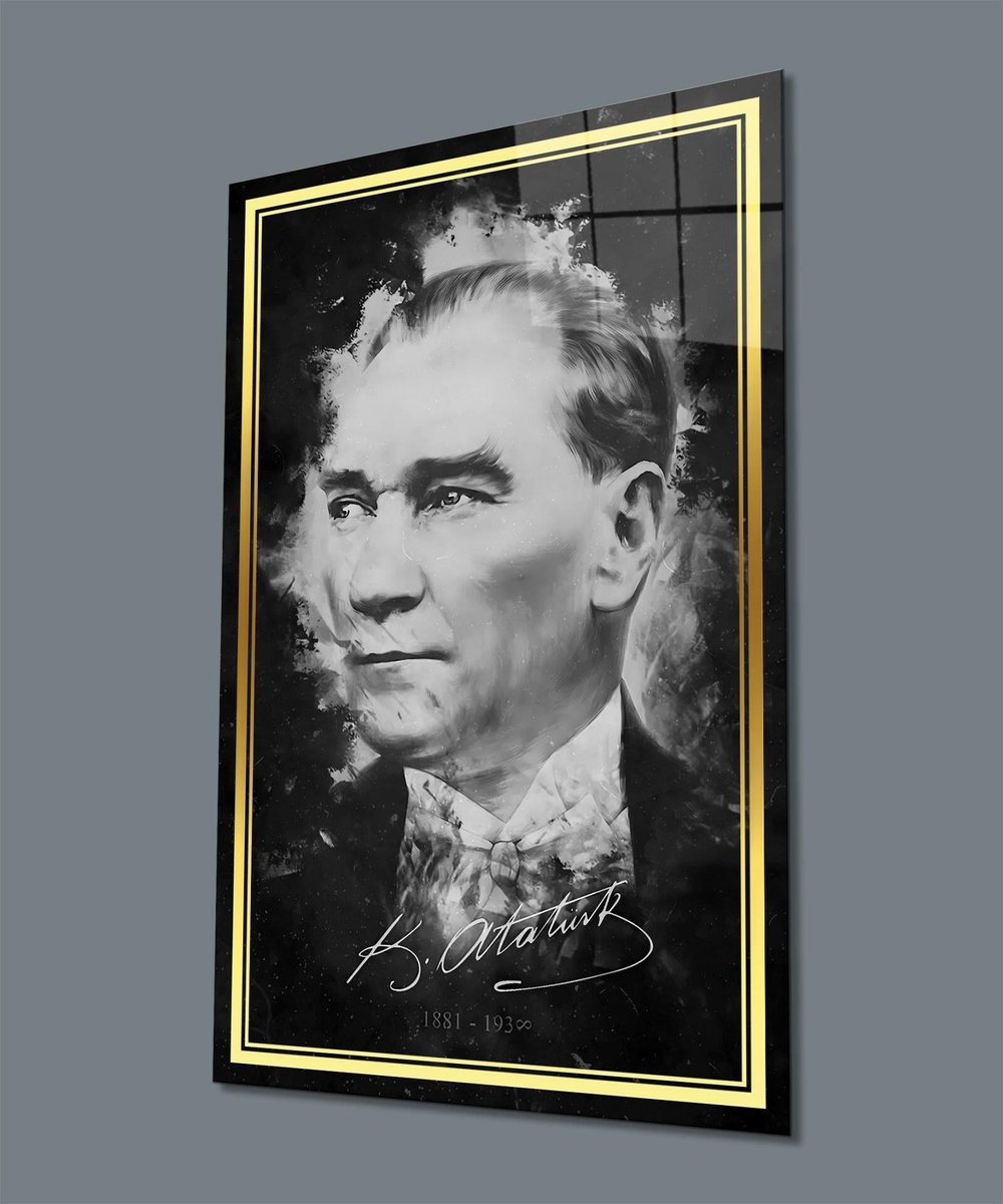 Atatürk Portre Dikey Cam Tablo Hediyelik Büyük Tablo Ev Ofis Dekoru