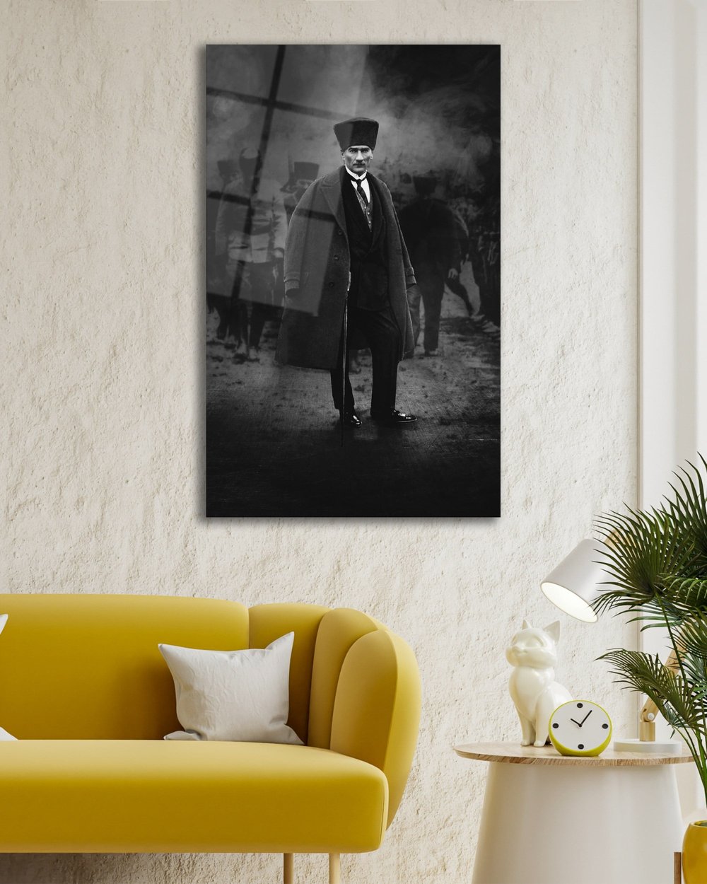 Atatürk Portre Dikey Siyah Beyaz Cam Tablo Hediyelik Büyük Tablo Ev Ofis Dekoru