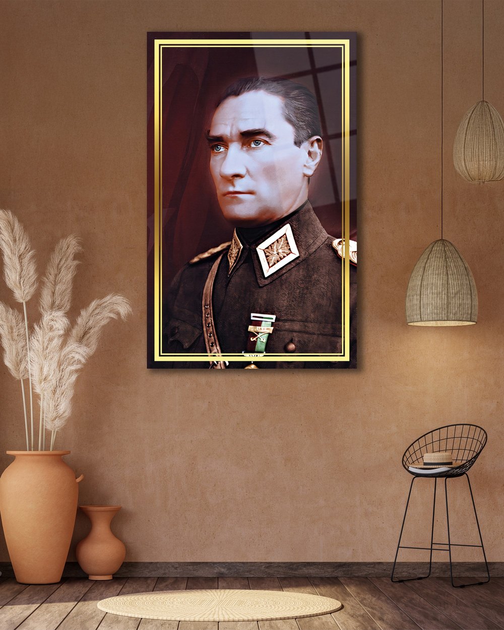 Atatürk Portre Üniformalı Cam Tablo Hediyelik Büyük Tablo Ev Ofis Dekoru