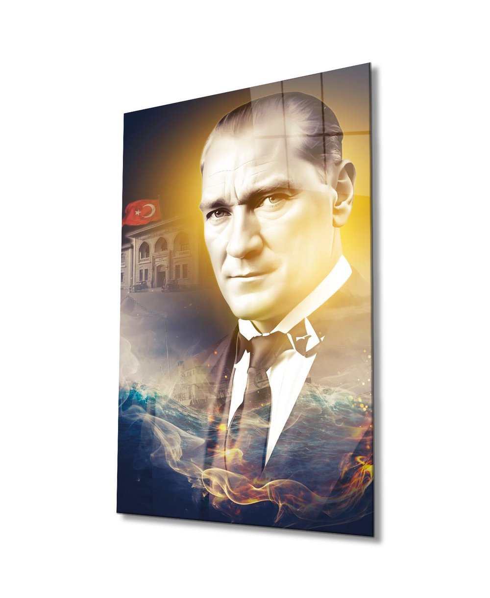 Atatürk Portre ve Türk Bayrağı Cam Tablo Modern Ev Ofis Salon Hediyelik Büyük Tablo Duvar Dekoru