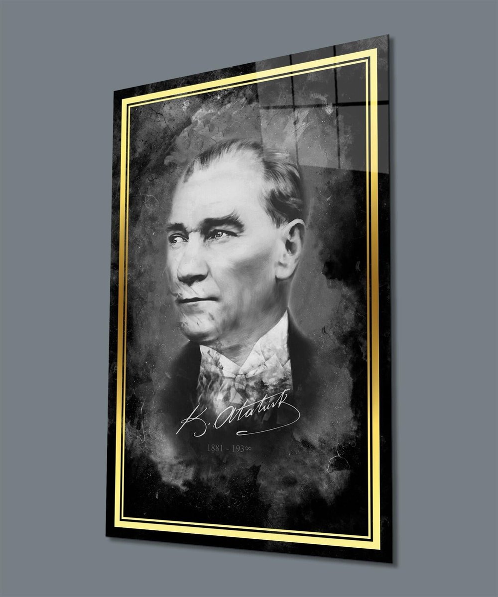 Atatürk Siyah Beyaz Portre Dikey Cam Tablo Hediyelik Büyük Tablo Ev Ofis Dekoru