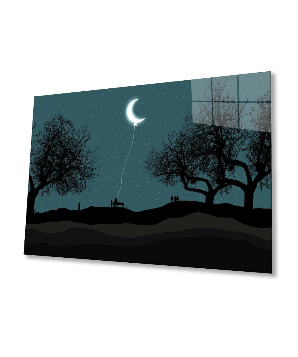 Ay Balon Silüet Manzara 4mm Dayanıklı Cam Tablo Temperli Cam,Moon Balloon Silhouette Landscape Glass Wall Art