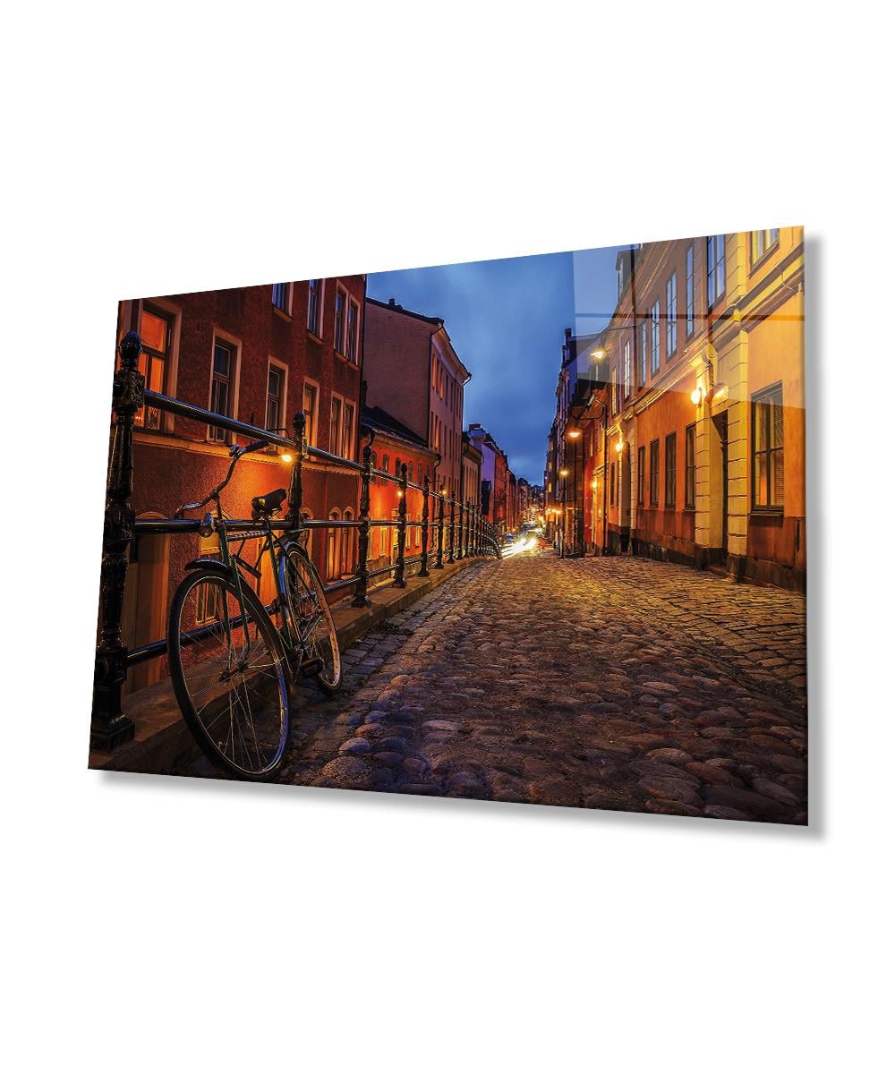 Bisikletli Sokak Cam Tablo  4mm Dayanıklı Temperli Cam, Bicycle Street Glass Wall Decor