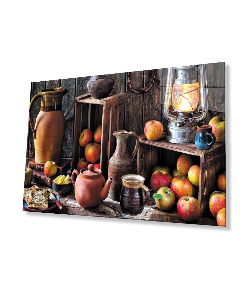Cam Tablo  4mm Dayanıklı Temperli Cam Fruits Apple Still Life Kitchen Glass Wall Art