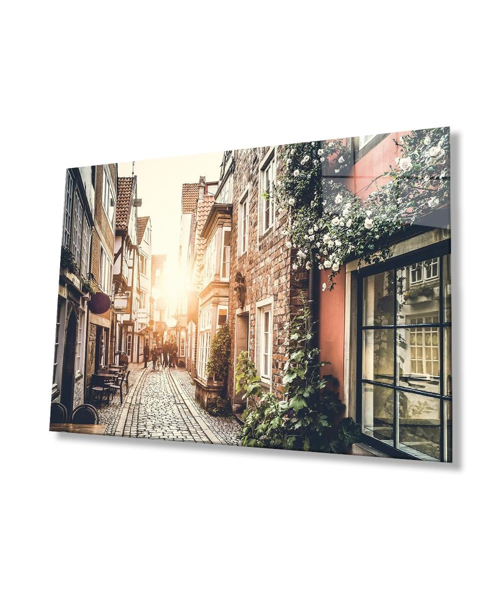 Çiçekli Sokak Cam Tablo  4mm Dayanıklı Temperli Cam, Flower Streets Glass Wall Decor