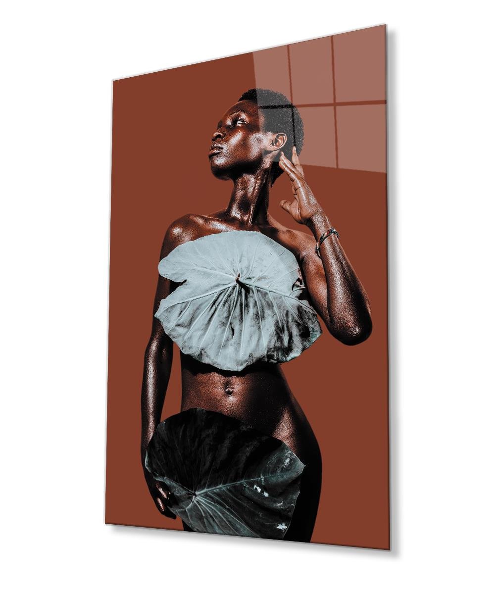 Çıplak Yapraklı Siyahi Kadın Cam Tablo  4mm Dayanıklı Temperli Cam, Bare Leaf Black Woman Glass Wall Art