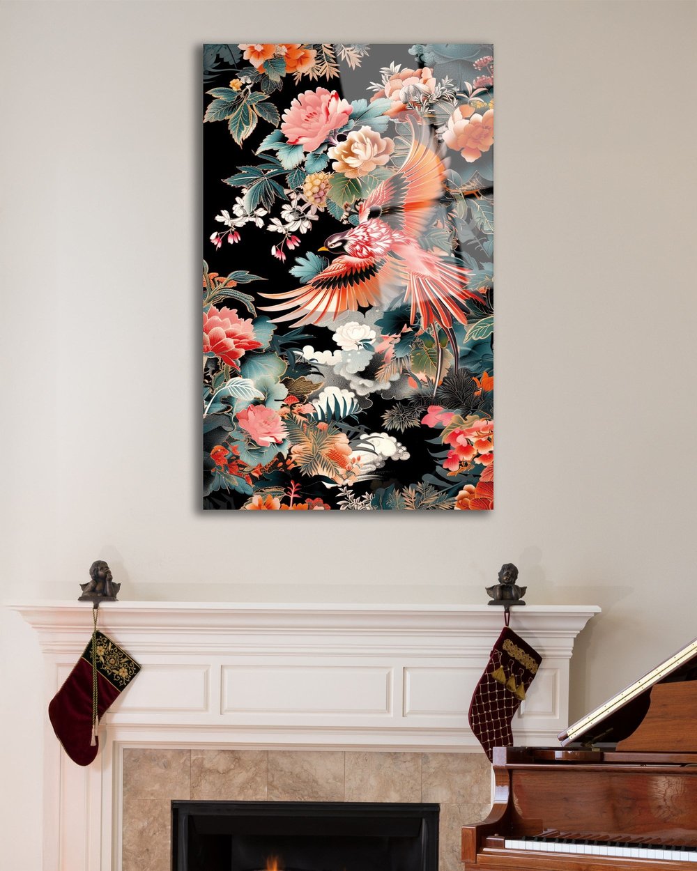 Egzotik Kuş ve Şakayık Çiçekleri Temperli Cam Tablo | Lüks Botanik Duvar Dekoru | Floral Sanat