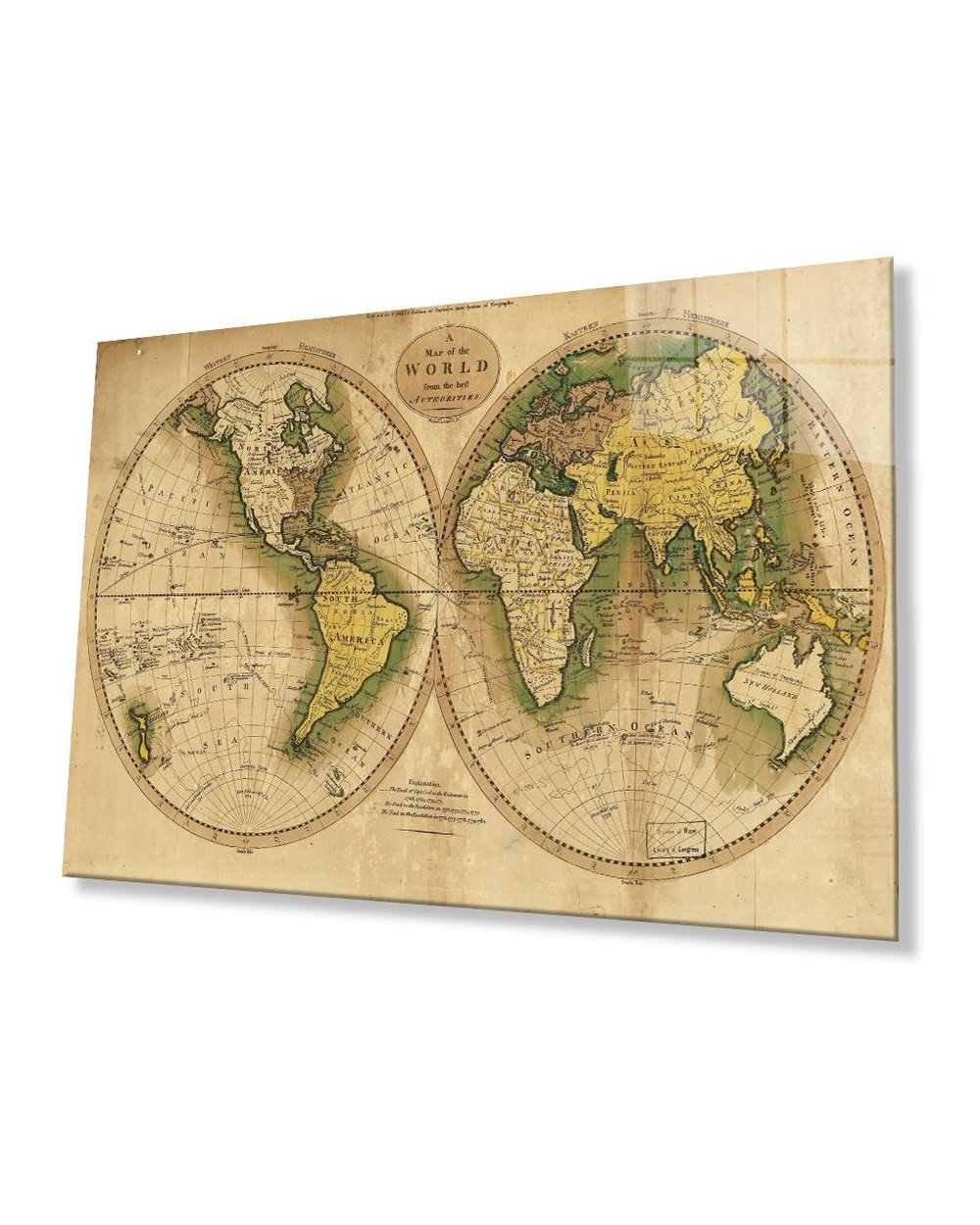 Eski Dünya Haritası 4mm Dayanıklı Cam Tablo Temperli Cam, Old World Map
