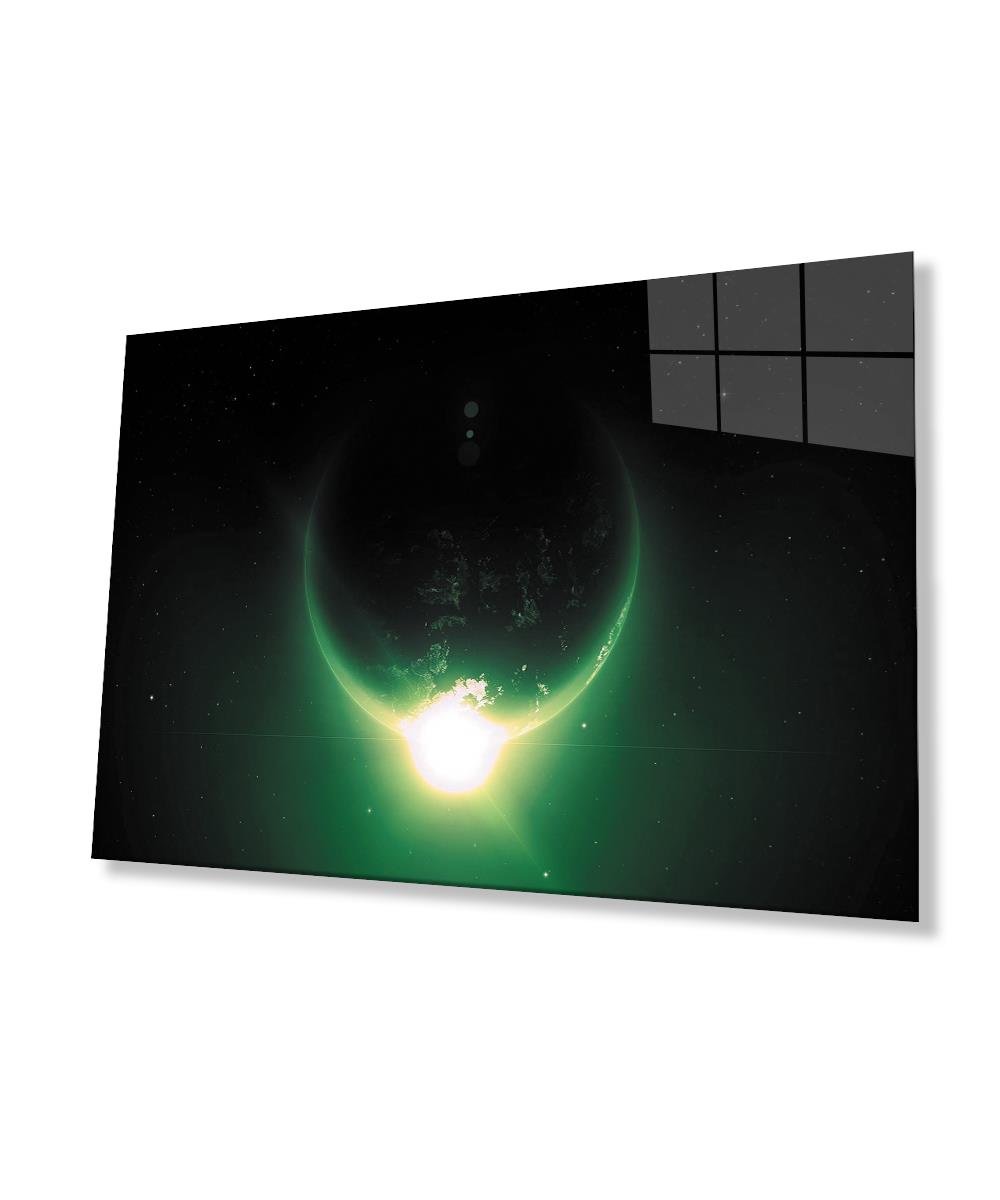 Evren Neon Yeşil Işık Küre  Cam Tablo  4mm Dayanıklı Temperli Cam Universe Neon Green Light Sphere Glass Wall Art