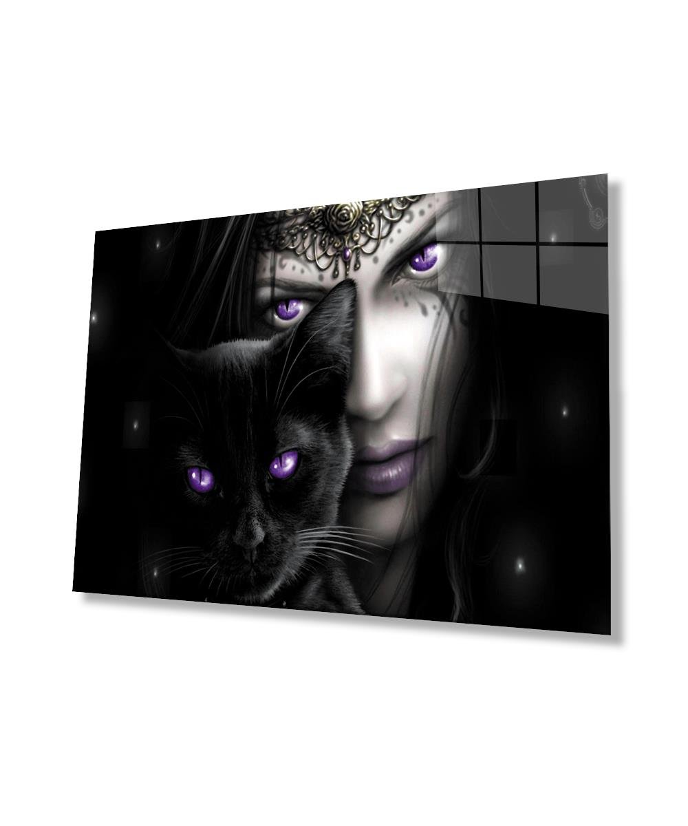 Fantastik Kadın Siyah Kedi Mor Gözler Cam Tablo  4mm Dayanıklı Temperli Cam,  Fantasy Woman Black Cat Purple Eyes Glass Wall Art