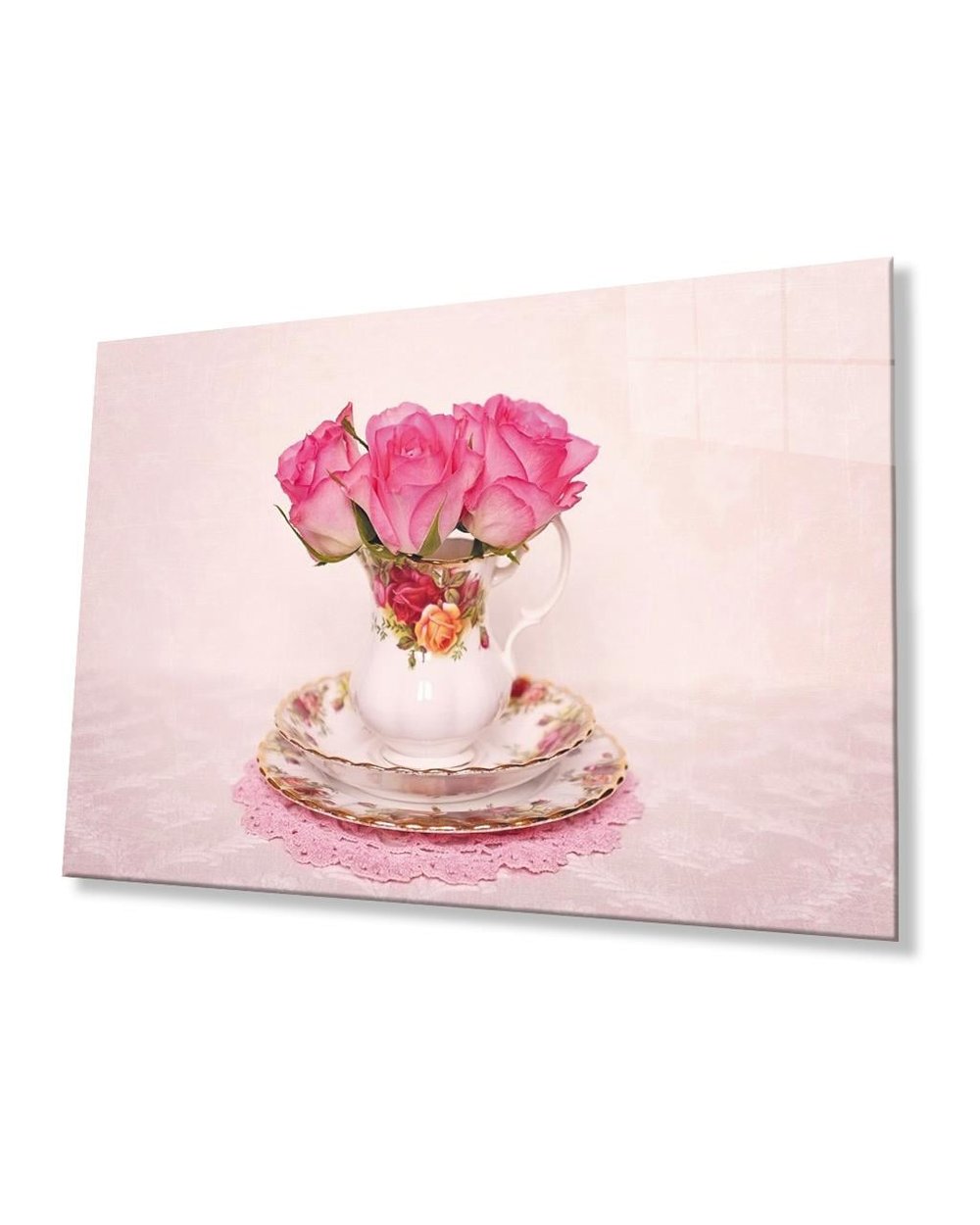 Fincanda Pembe Güller  Cam Tablo  4mm Dayanıklı Temperli Cam Pink Roses in Cup Glass Table 4mm Durable Tempered Glass