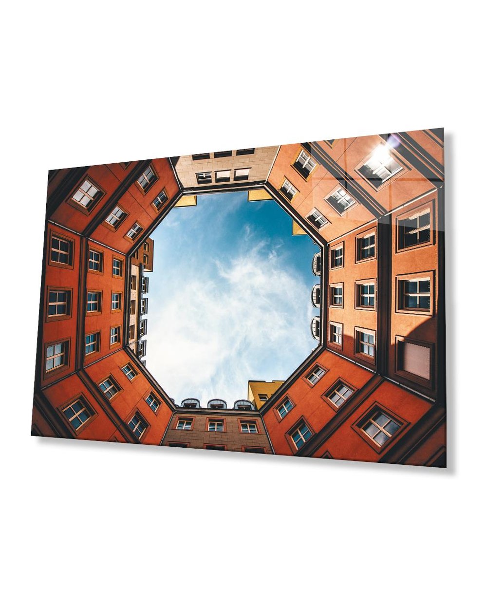 Geometrik Şekilli Turuncu Bina  Tablo 4mm Dayanıklı Temperli Cam Geometric Building Glass Painting
