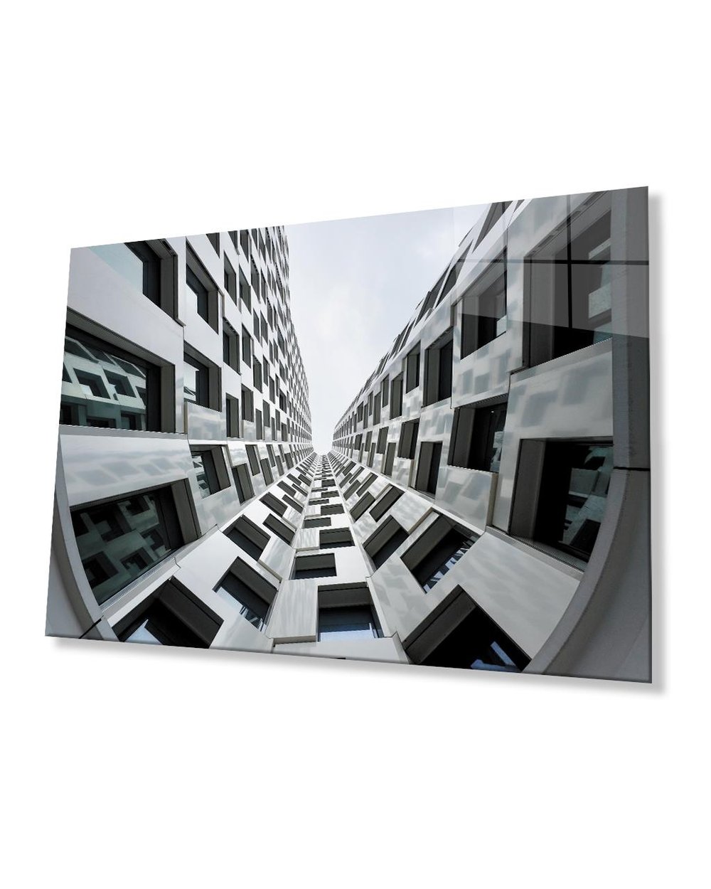 Geometrik Siyah  Beyaz Bina Cam Tablo 4mm Dayanıklı Temperli Cam Geometric Architecture White Building Glass Painting