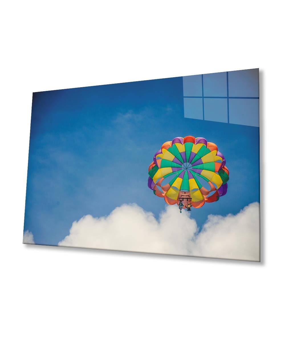 Gökyüzünde Renkli Paraşüt  4mm Dayanıklı Cam Tablo Temperli Cam, Colorful Parachute in the Sky Glass Wall Art