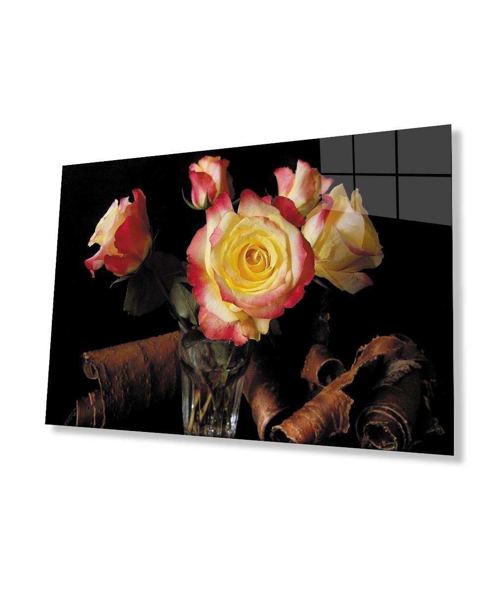 Güller  ve Ağaç Kabuğu Natürmort  Cam Tablo  4mm Dayanıklı Temperli Cam Roses and Tree Bark Still Life Glass Table 4mm Durable Tempered Glass