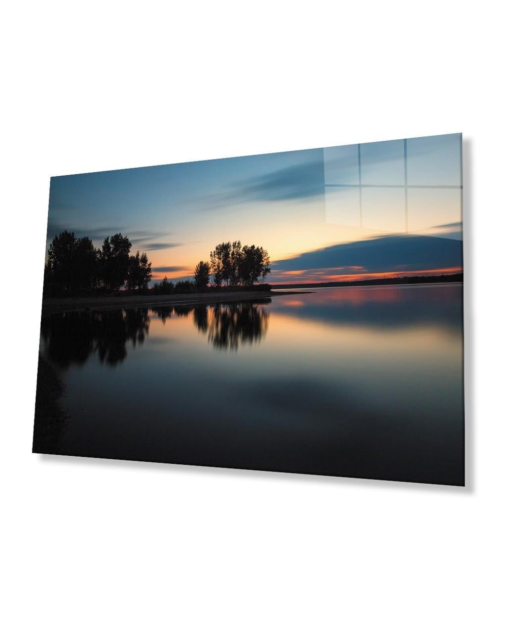 Gün Batımı Ağaç Göl Yansıma Cam Tablo  4mm Dayanıklı Temperli Cam Sunset Tree Lake Reflection Glass Painting 4mm Durable Tempered Glass