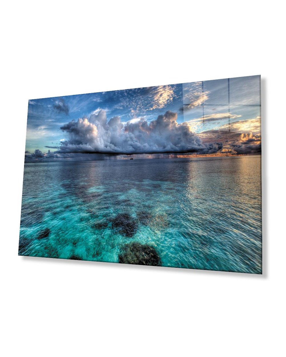 Gün Batımı Deniz Bulut Mavi Cam Tablo  4mm Dayanıklı Temperli Cam Sunset Sea Cloud Blue Glass Table 4mm Durable Tempered Glass