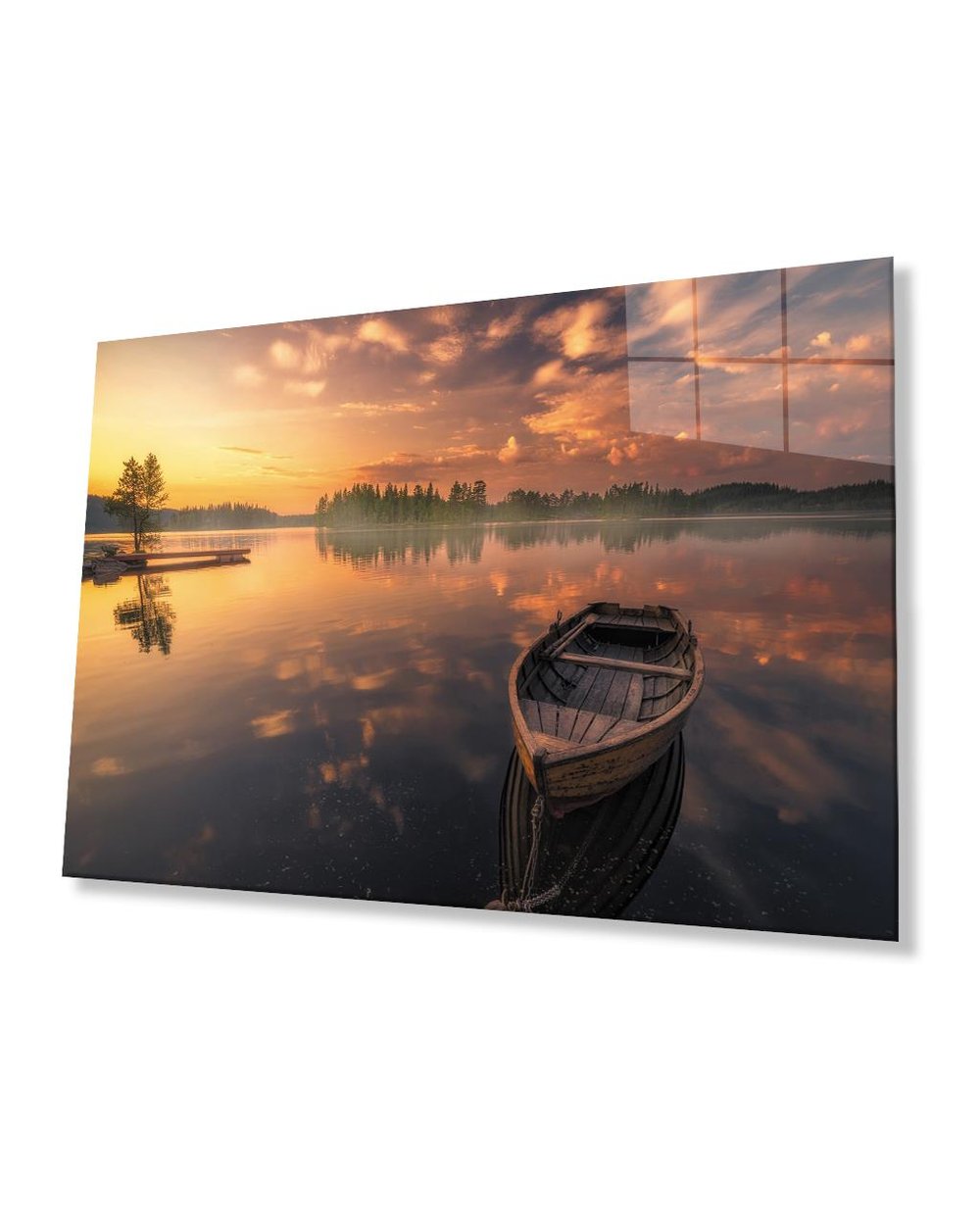 Gün Batımı Göl Kayık Manzara Cam Tablo  4mm Dayanıklı Temperli Cam Sunset Lake Kayak Landscape Glass Painting 4mm Durable Tempered Glass