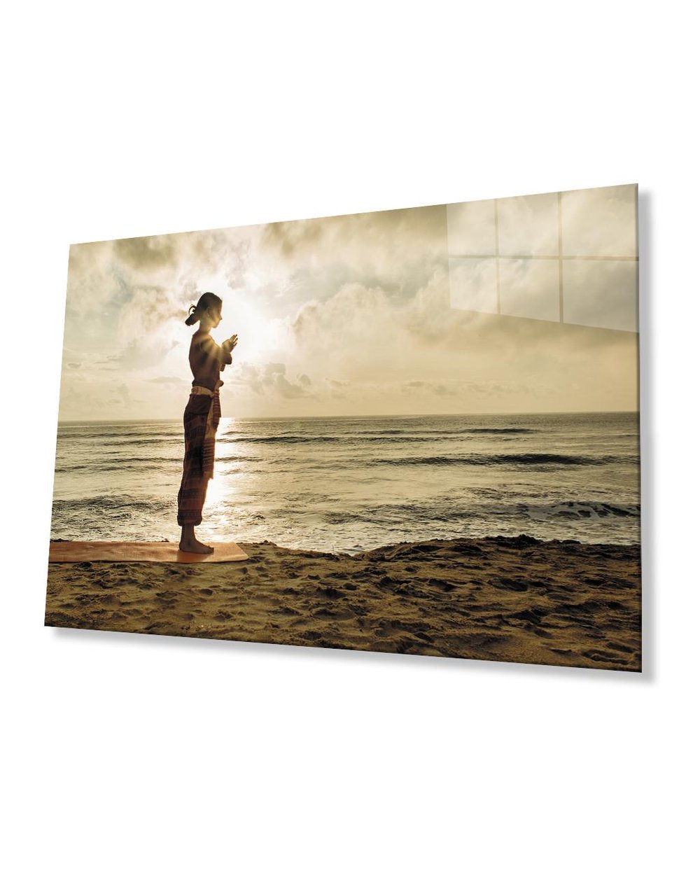 Gün Batımı Sahilde Yoga Yapan Kadın  Cam Tablo  4mm Dayanıklı Temperli Cam Woman Practicing Yoga on the Beach at Sunset Glass Table 4mm Durable Tempered Glass