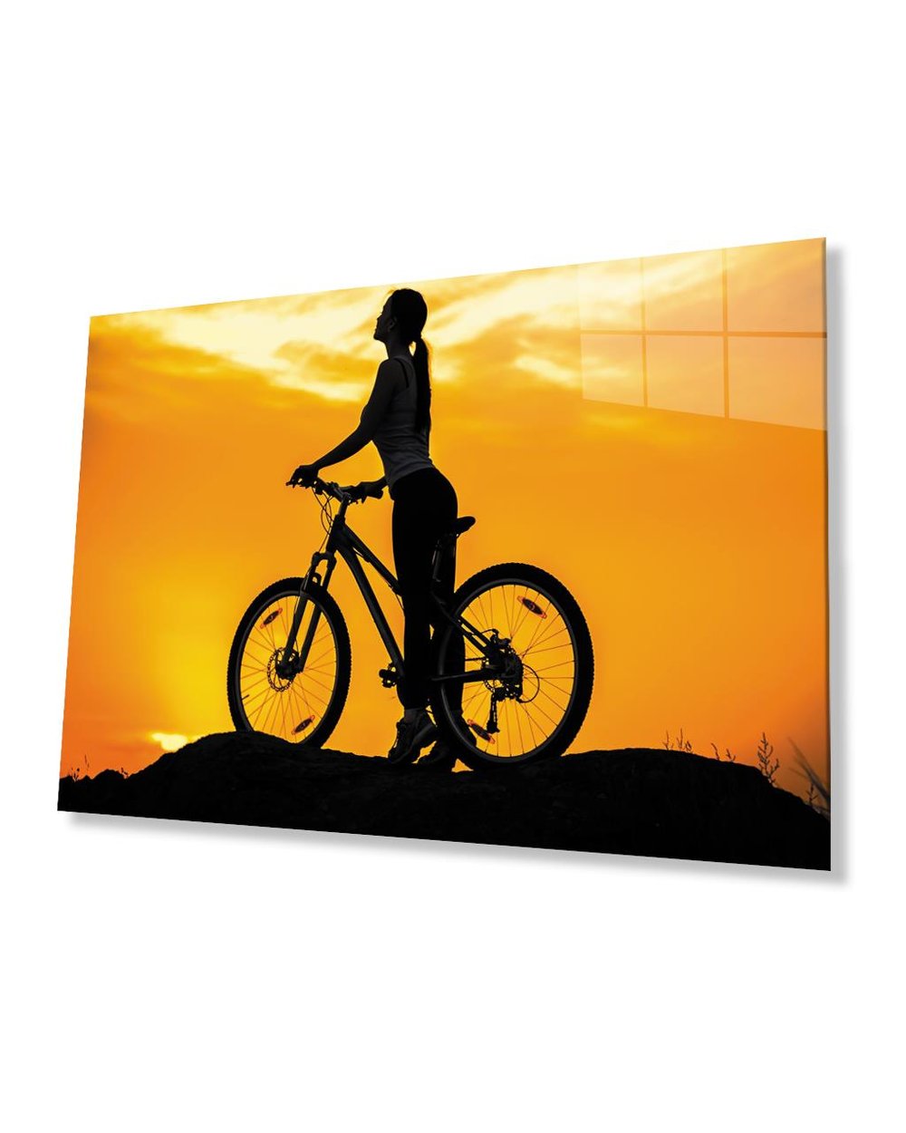 Gün Batımında Bisikletli Kadın Cam Tablo  4mm Dayanıklı Temperli Cam Woman Cycling At Sunset Glass Table 4mm Durable Tempered Glass