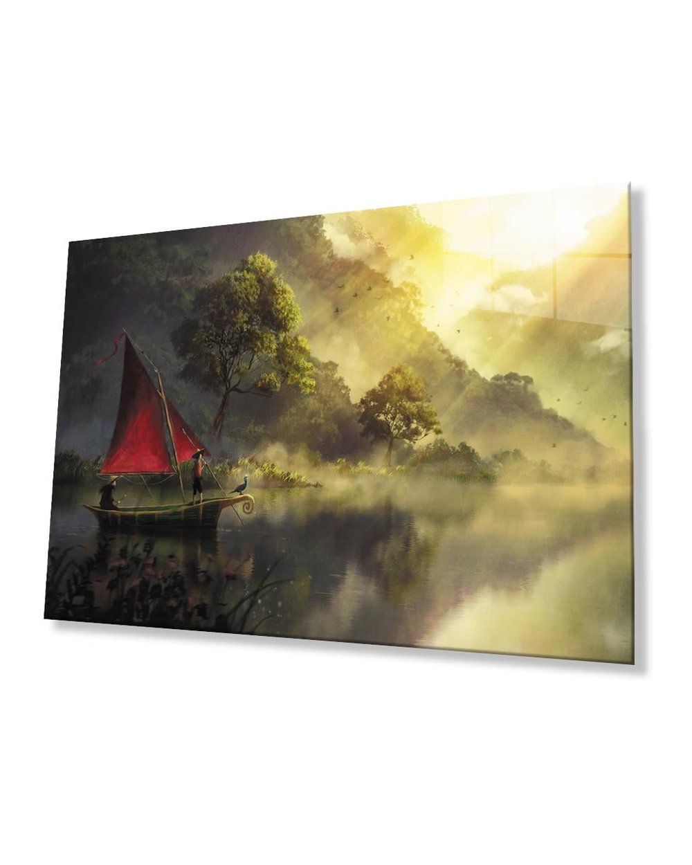 Gün Batımında Kırmızı Yelkenli Cam Tablo  4mm Dayanıklı Temperli Cam Red Sail Glass Table At Sunset 4mm Durable Tempered Glass