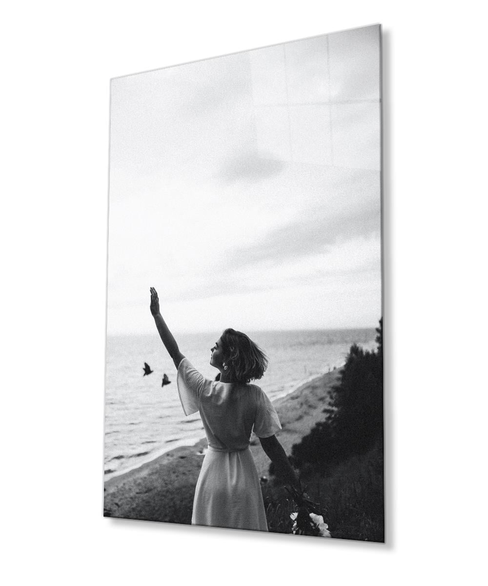 Kadın Deniz Çiçek Özgürlük Şiir Cam Tablo  4mm Dayanıklı Temperli Cam, Woman Sea Flower Freedom Poetry Glass Wall Art