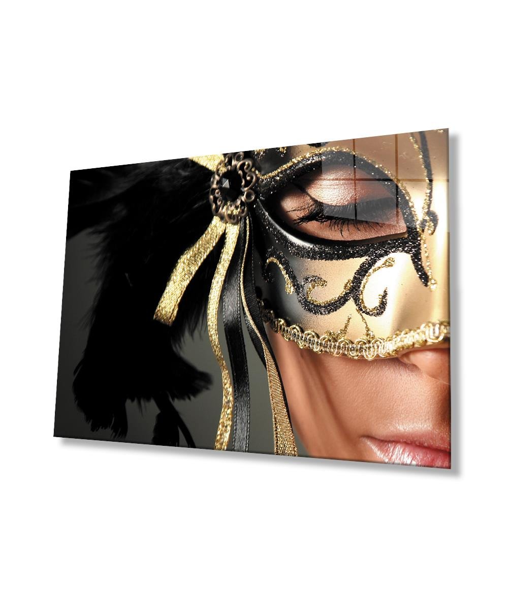 Kadınlar Altın Maske Cam Tablo  4mm Dayanıklı Temperli Cam, Women Gold Mask Glass Wall Art