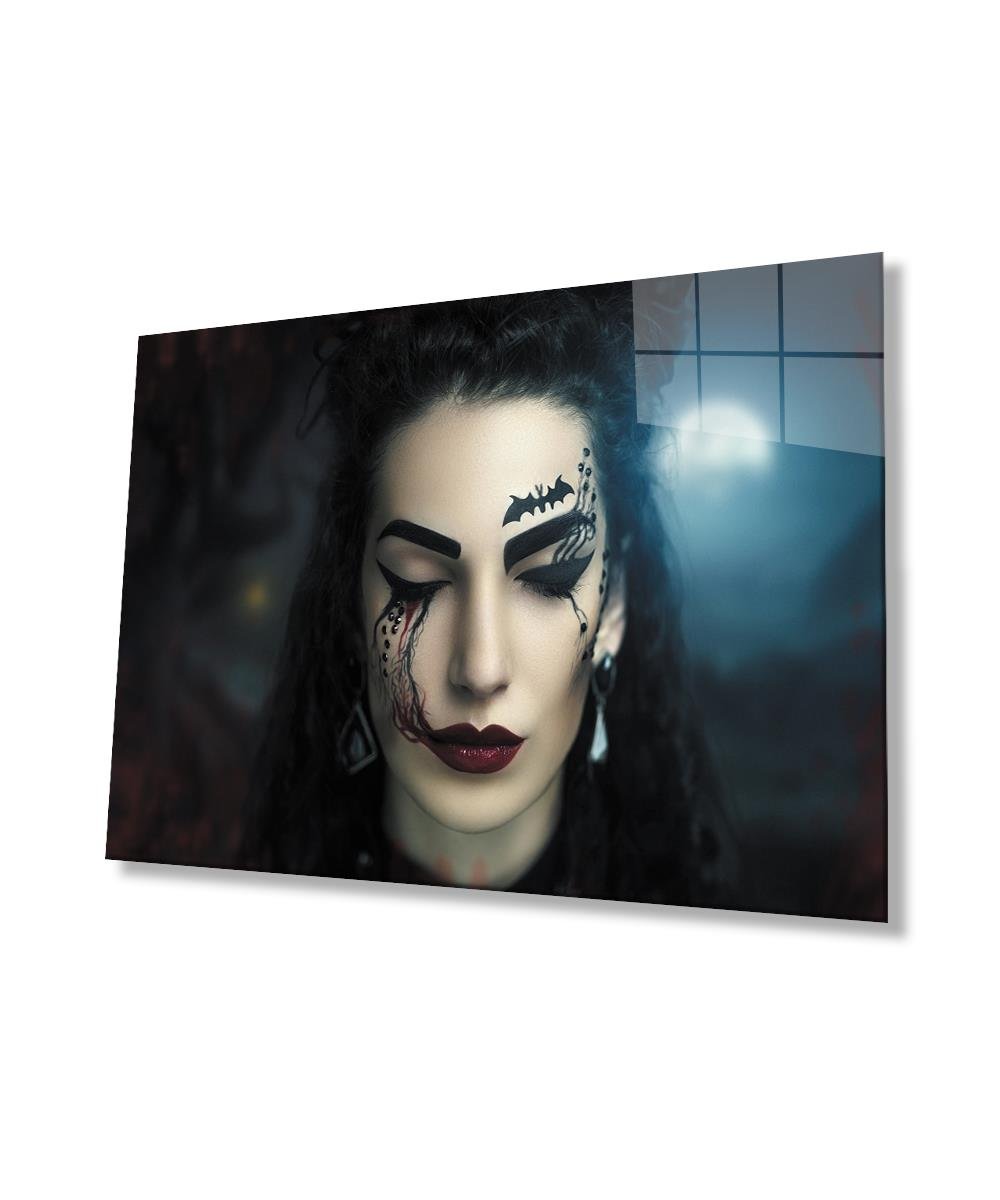 Kadınlar Cadılar Bayramı Makyajı Cam Tablo  4mm Dayanıklı Temperli Cam, Women Halloween Makeup Glass Wall Art