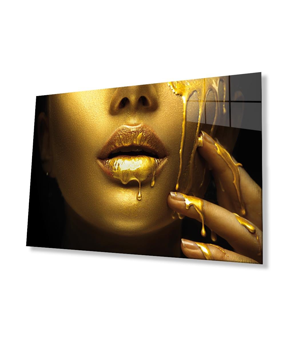 Kadınlar Gold Dudak Kadın Cam Tablo 4mm Dayanıklı Temperli Cam, Women Gold and Lip Glass Wall Art