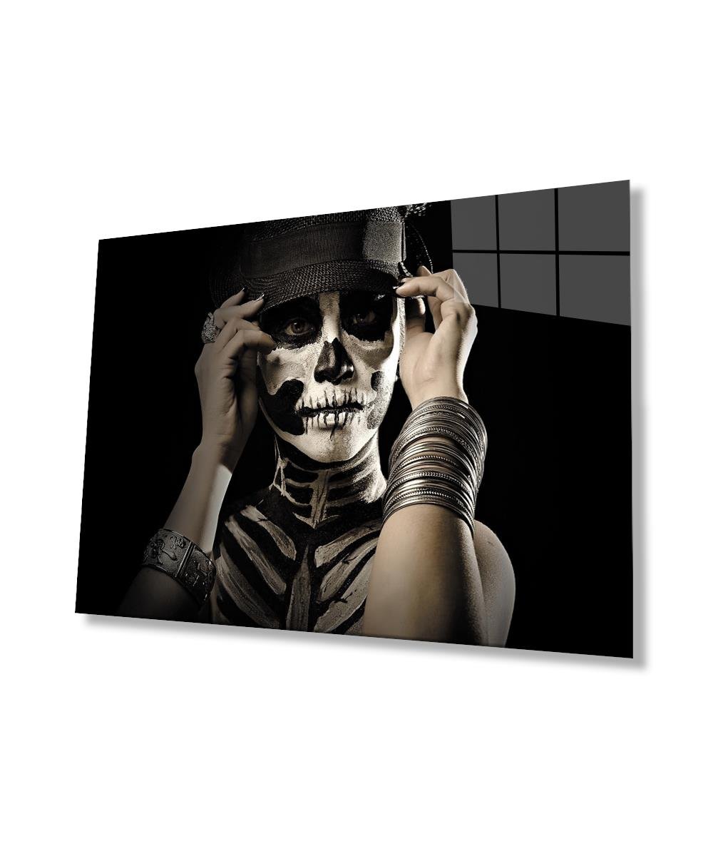 Kadınlar Kafatası Makyaj Cam Tablo  4mm Dayanıklı Temperli Cam, Women Skull Makeup Glass Wall Art