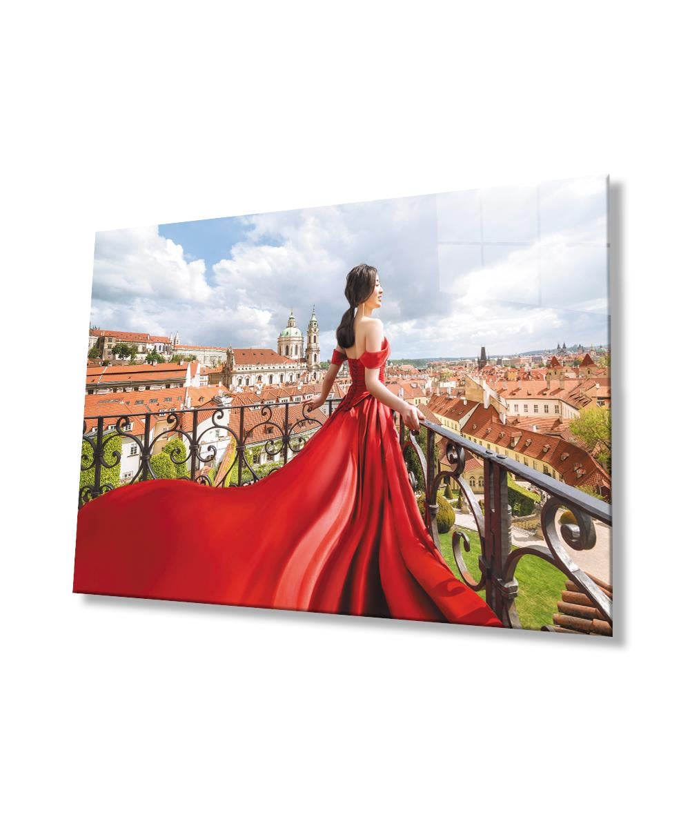 Kadınlar Kırmızı Elbise Cam Tablo  4mm Dayanıklı Temperli Cam, Women Red Dress Glass Wall Art