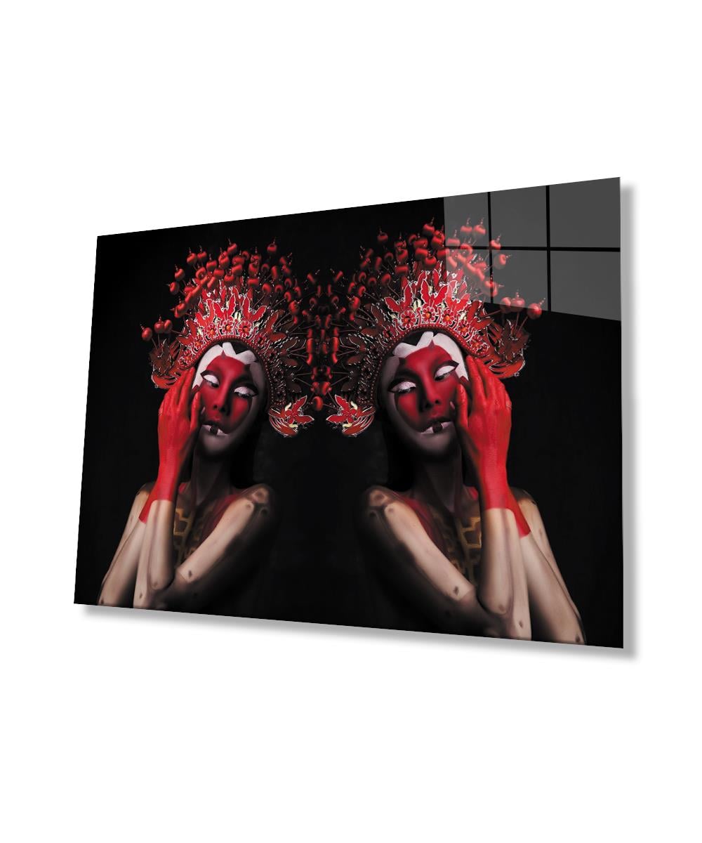 Kadınlar Kırmızı Maskeli Cam Tablo  4mm Dayanıklı Temperli Cam Women Red Masked Glass Wall Art