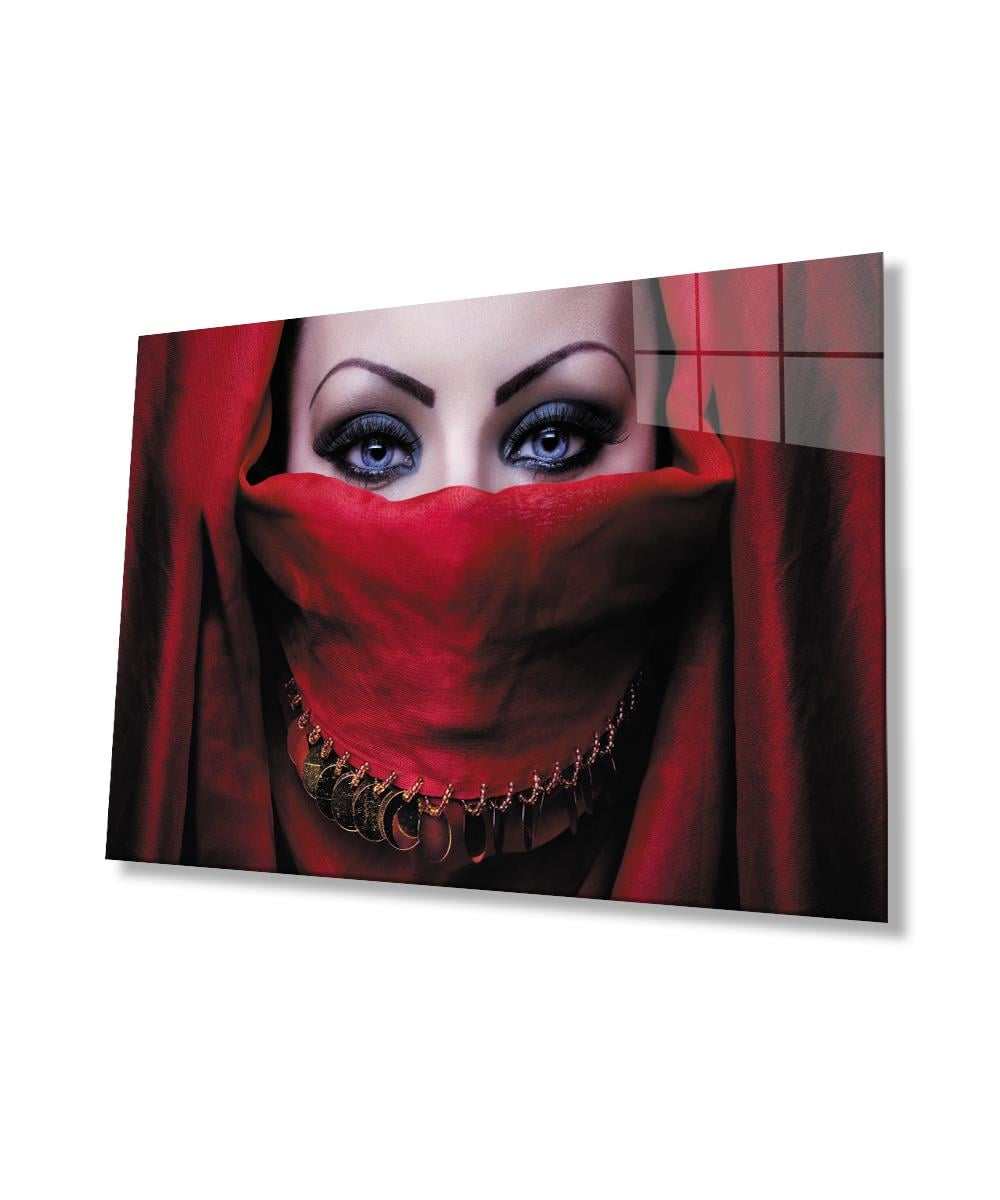 Kadınlar Kırmızı Peçe Cam Tablo  4mm Dayanıklı Temperli Cam, Women Red Veil Glass Wall Art