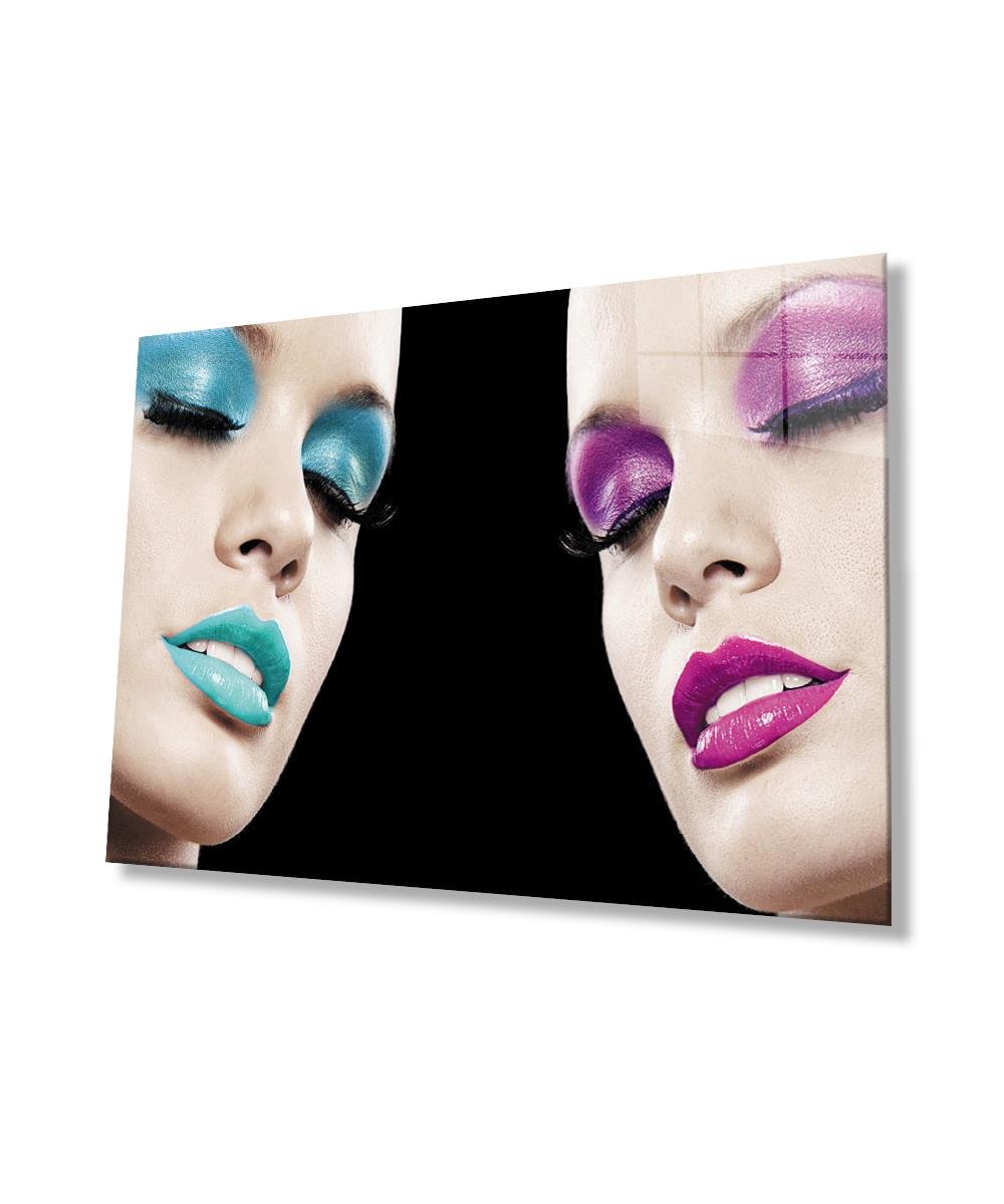 Kadınlar Makyaj Mavi Pembe Cam Tablo  4mm Dayanıklı Temperli Cam, Woman Makeup Blue Pink Glass Wall Art