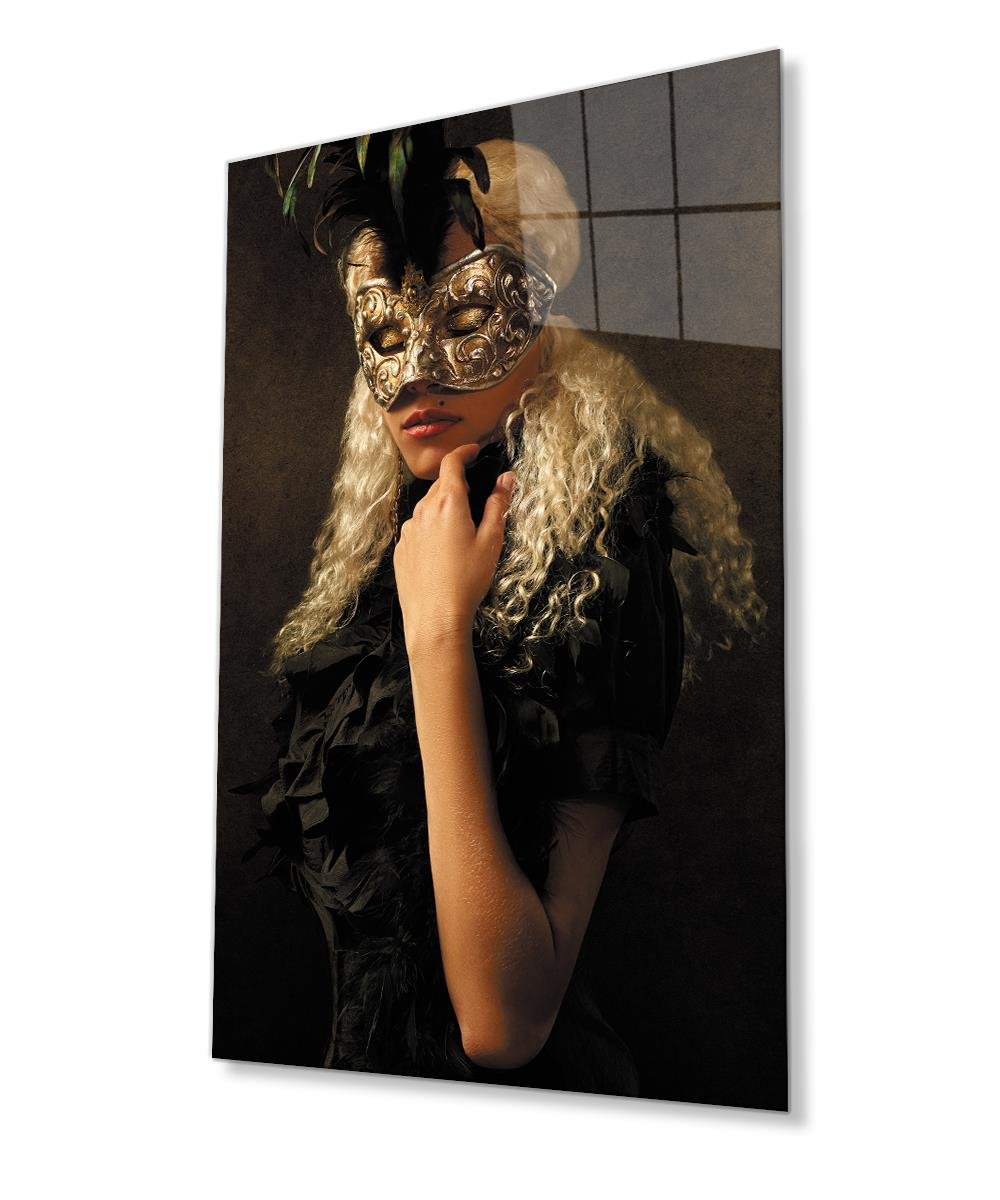 Kadınlar Maskeli Balo Cam Tablo  4mm Dayanıklı Temperli Cam, Women's Masquerade Glass Wall Art