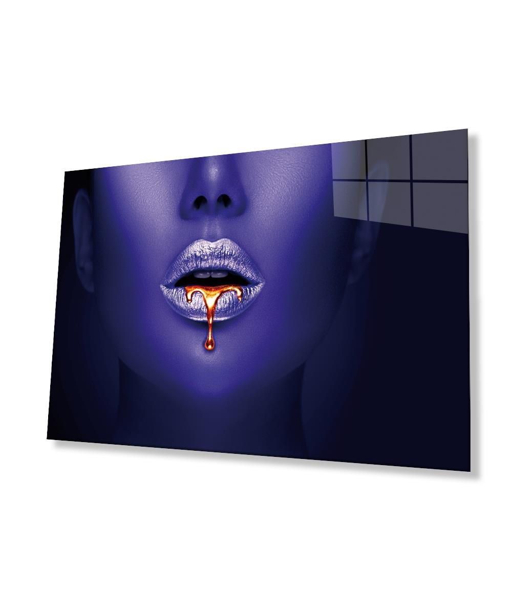 Kadınlar Mor Dudak Cam Tablo 4mm Dayanıklı Temperli Cam, Women Purple and Lip Glass Wall Art