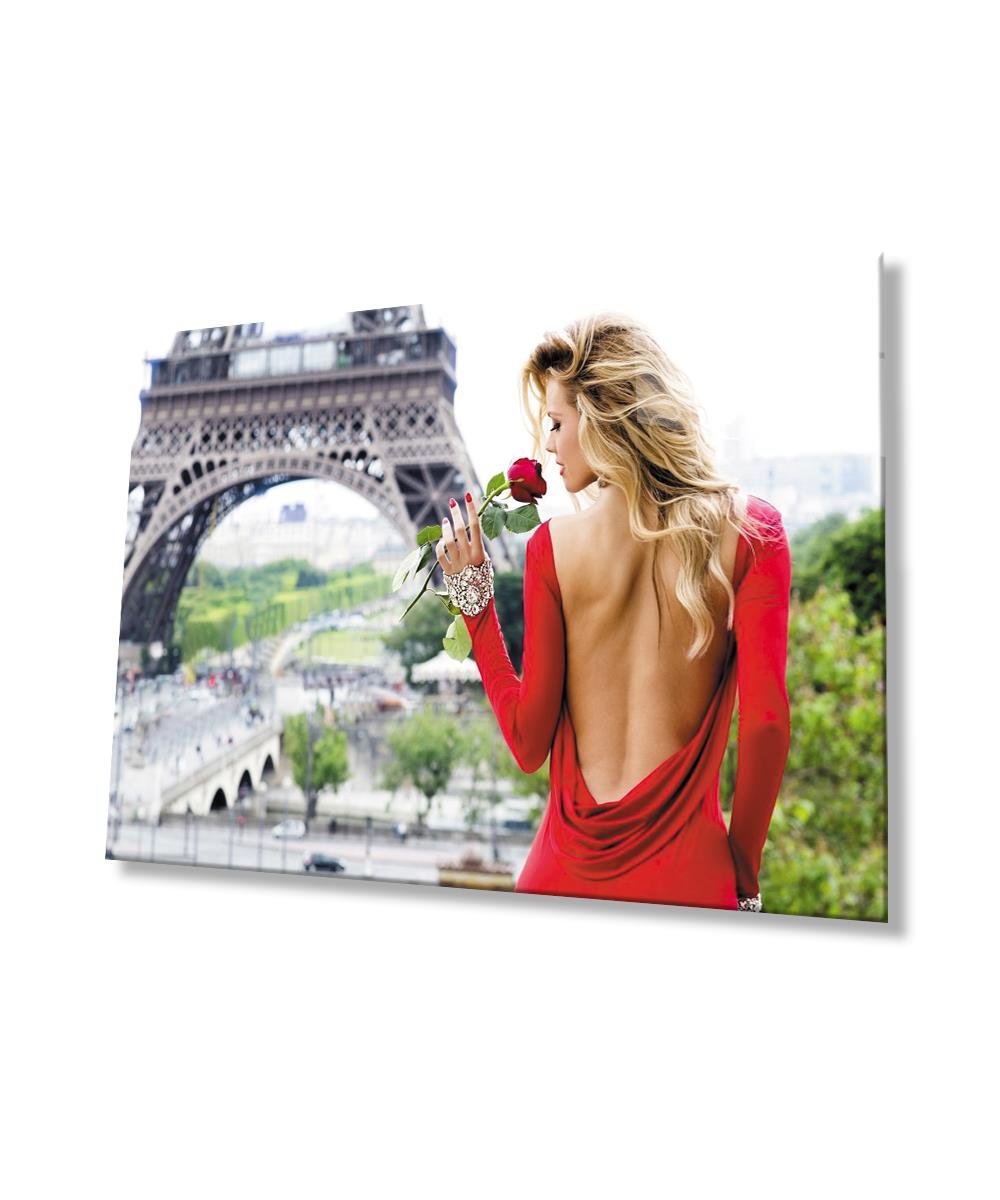 Kadınlar Paris ve Kırmızı Cam Tablo  4mm Dayanıklı Temperli Cam,Women Paris And Red Glass Wall Art