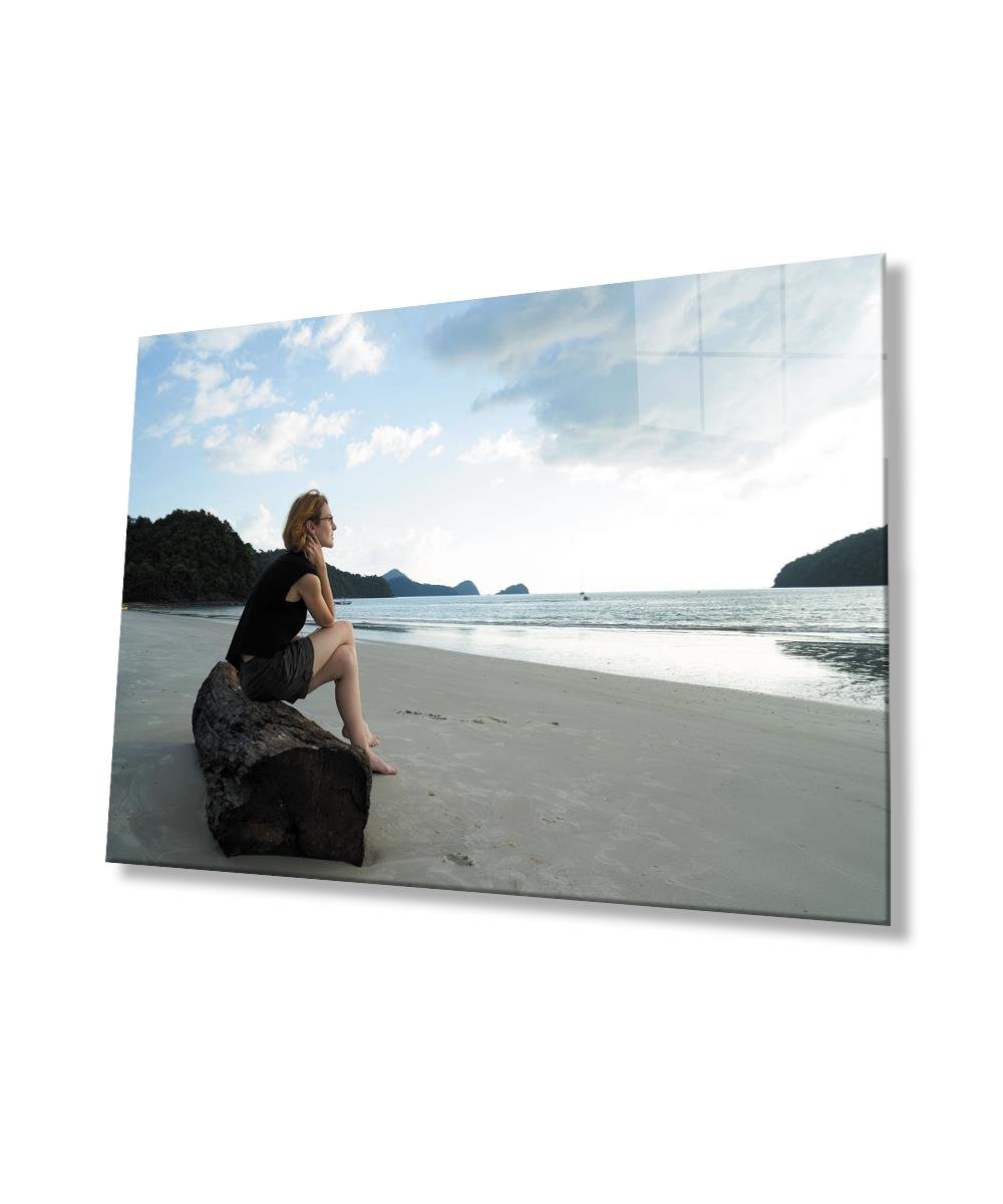 Kadınlar Sahil ve Huzur Cam Tablo  4mm Dayanıklı Temperli Cam,Women Beach And Tranquility Glass Wall Art