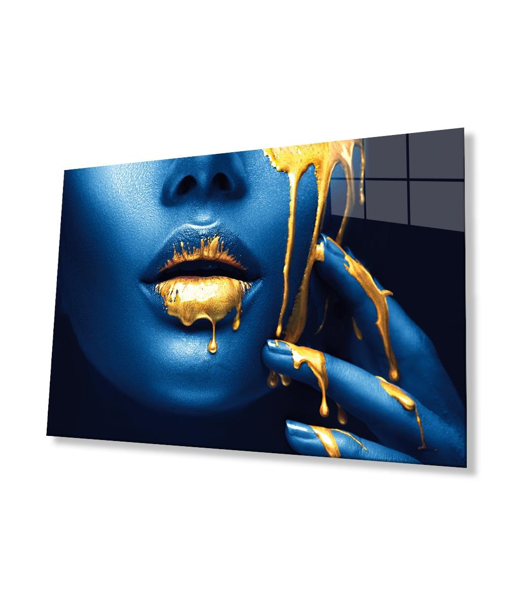 Kadınlar Sarı Dudak Mavi Kadın Cam Tablo 4mm Dayanıklı Temperli Cam, Women Yellow and Lip Glass Wall Art