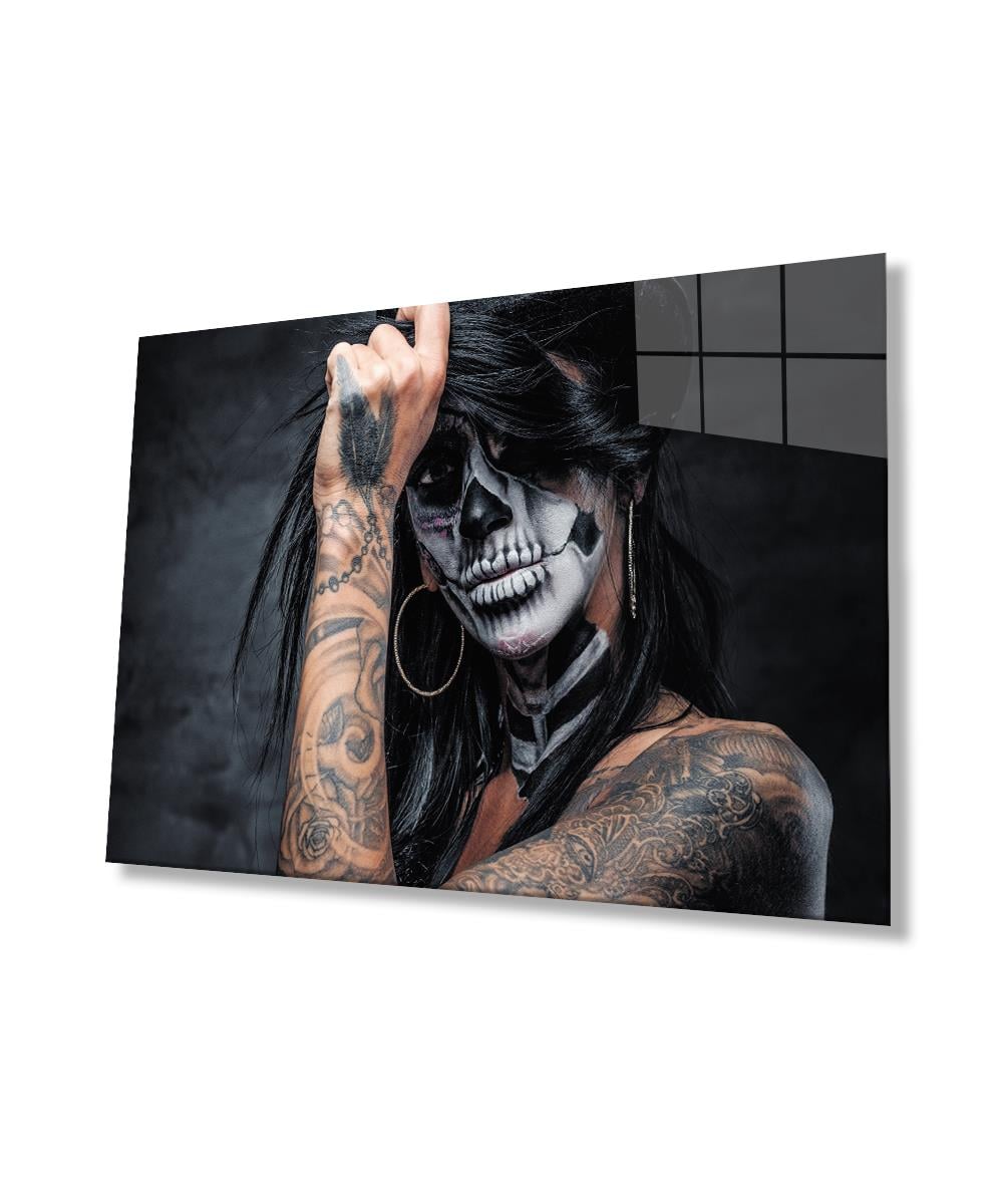 Kadınlar Şeker Kafatası Cam Tablo  4mm Dayanıklı Temperli Cam, Women Sugar Skull Glass Wall Art