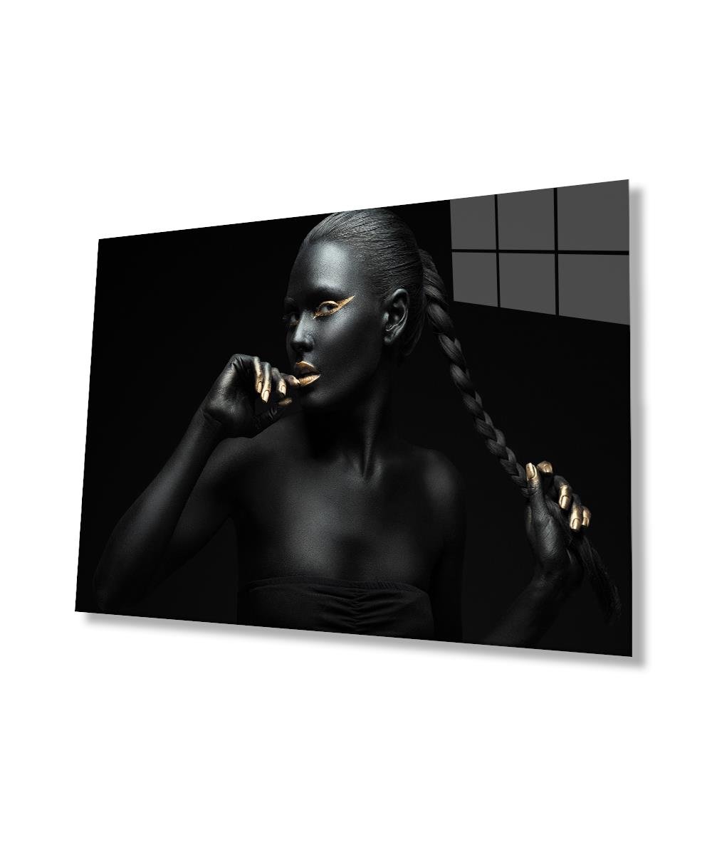 Kadınlar Siyah Altın Cam Tablo  4mm Dayanıklı Temperli Cam,Women Black Gold Glass Wall Art